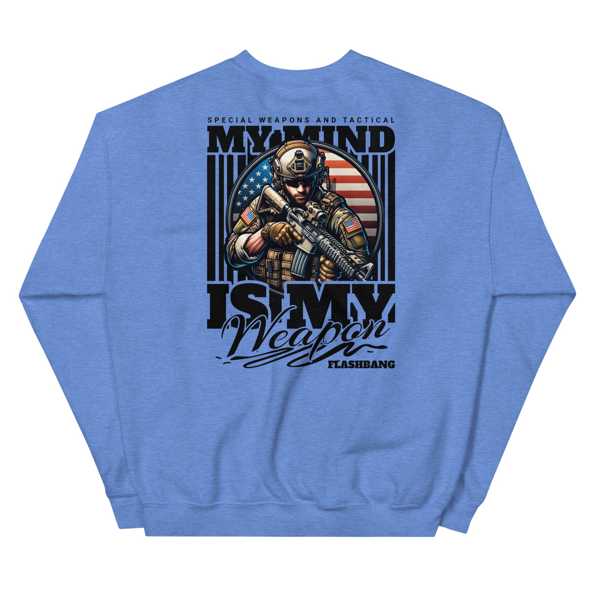 Blue sweatshirt with a graphic of a soldier and text on the back, on a white background