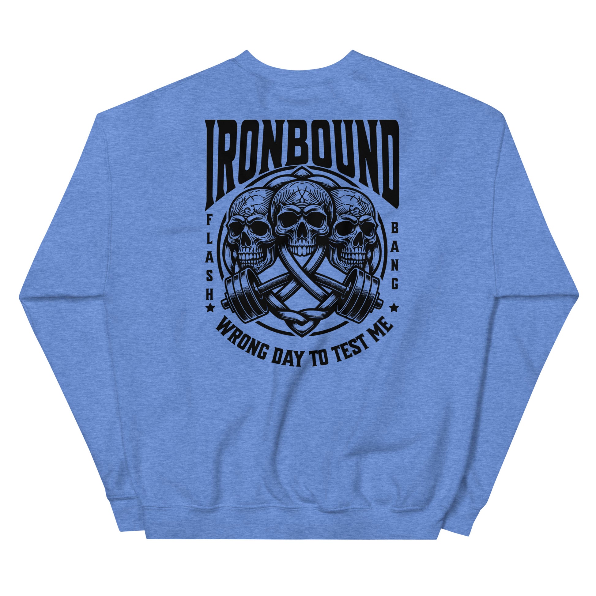 Blue sweatshirt with black graphic design and text on a white background