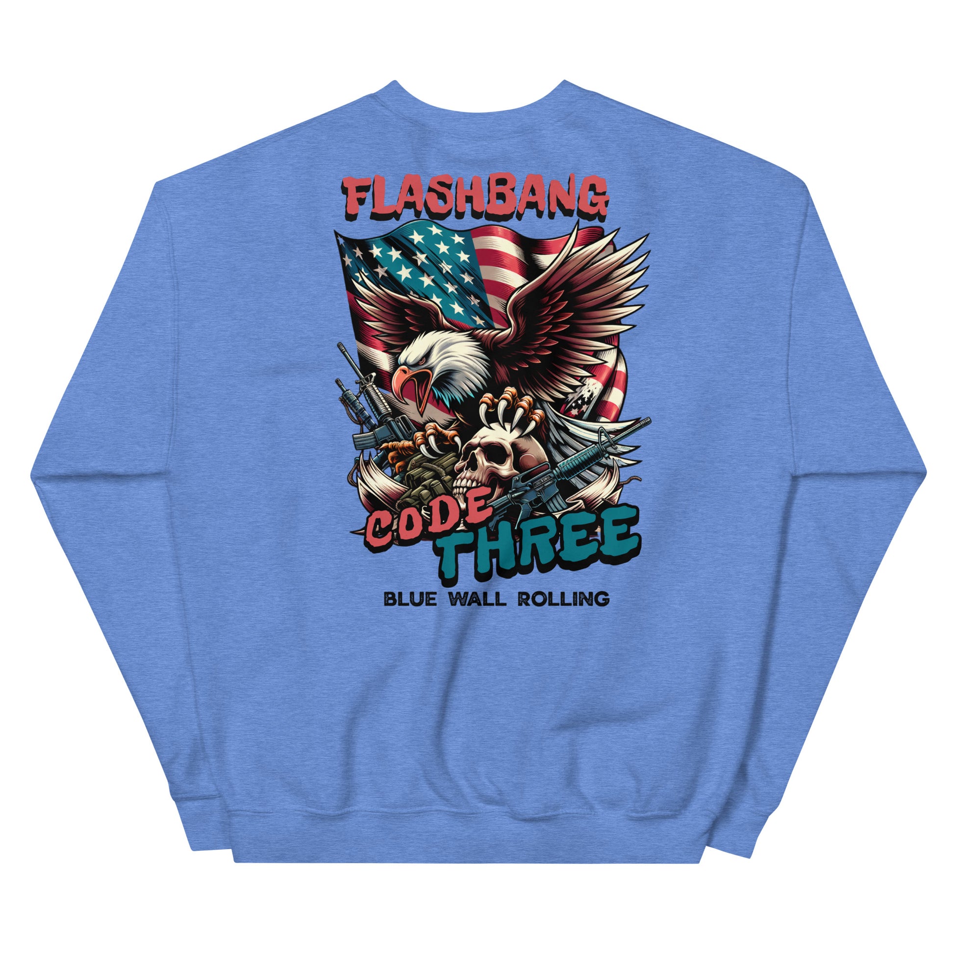 Blue sweatshirt with graphic design featuring an eagle, skull, and American flag on a white background
