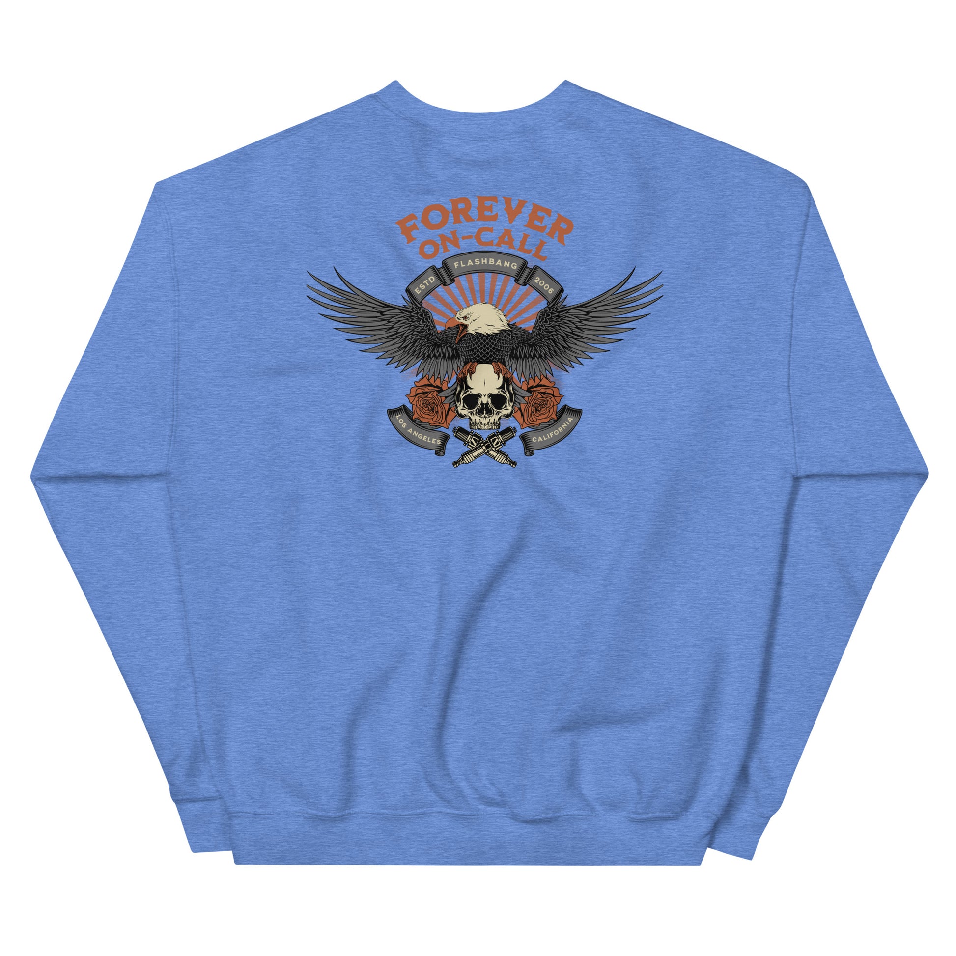 Blue sweatshirt with an eagle and skull design on the back, on a white background