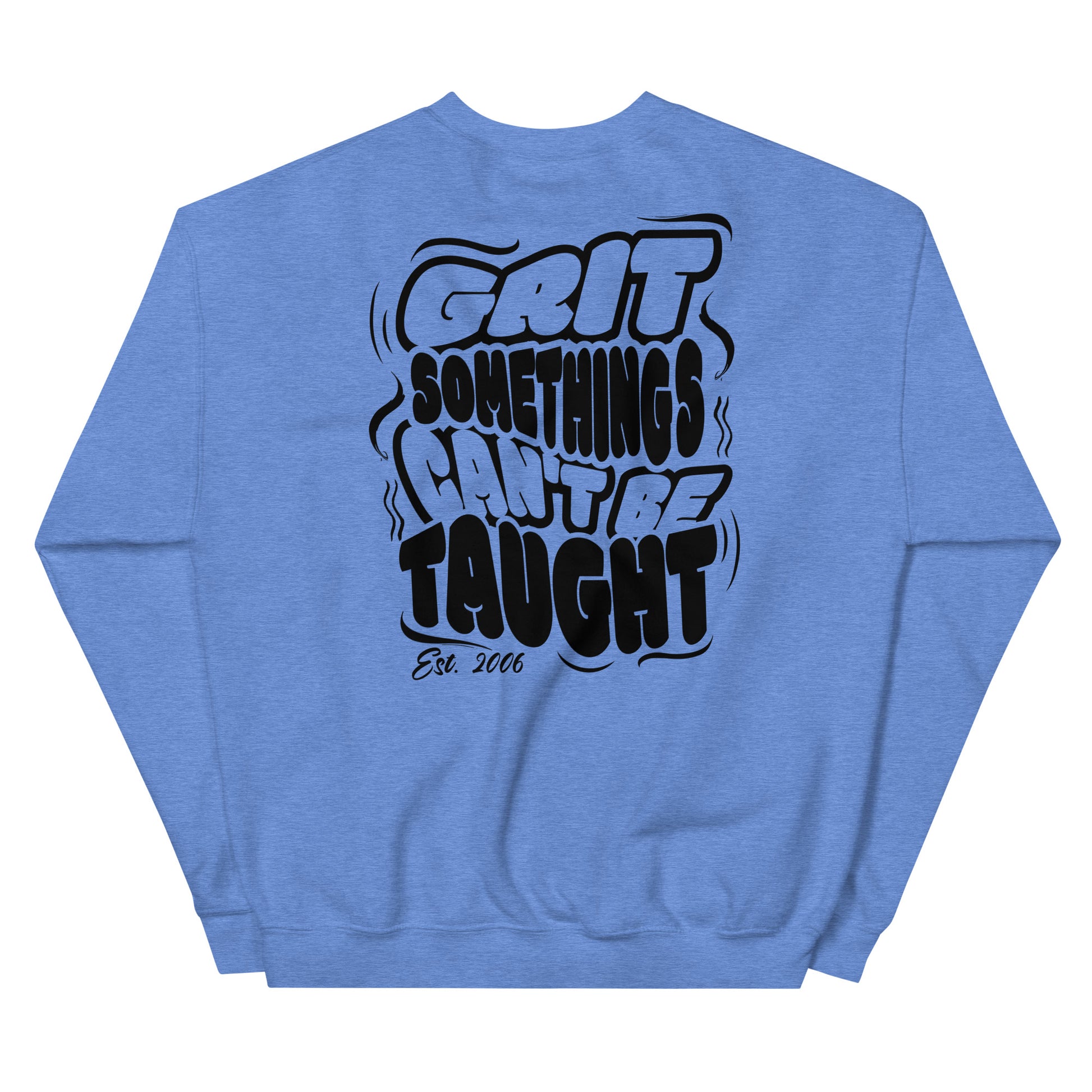 Blue sweatshirt with black text on a white background