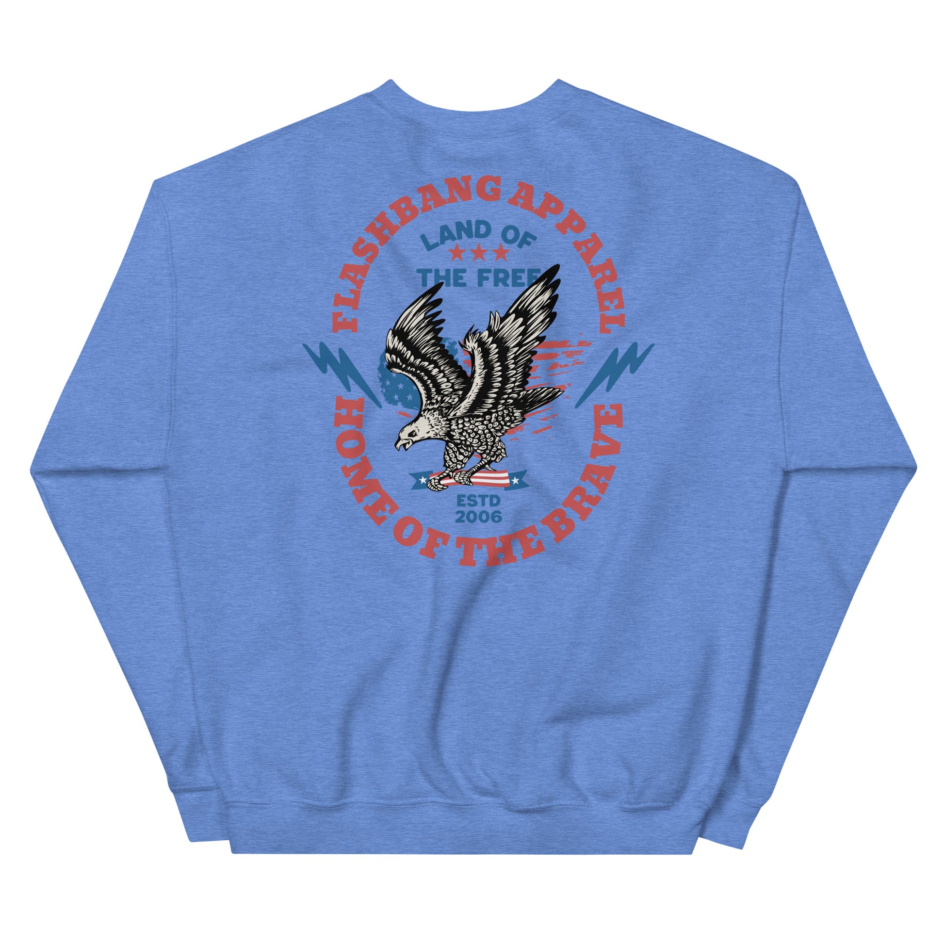Blue sweatshirt with an eagle graphic and text on the back, on a white background