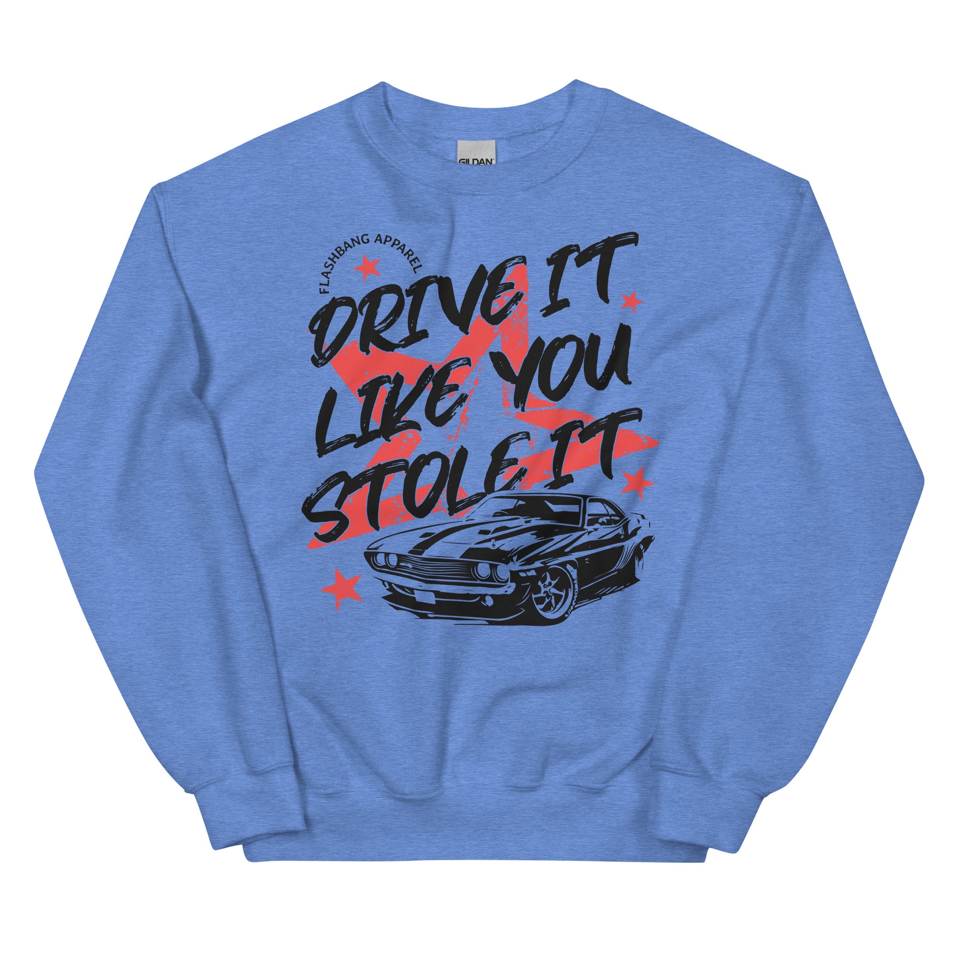 Blue sweatshirt with graphic design and text on a white background