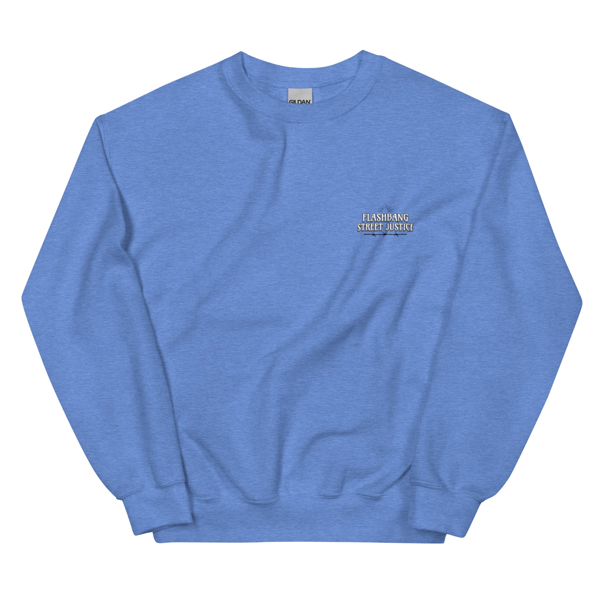 Blue sweatshirt with a small logo on the chest against a white background