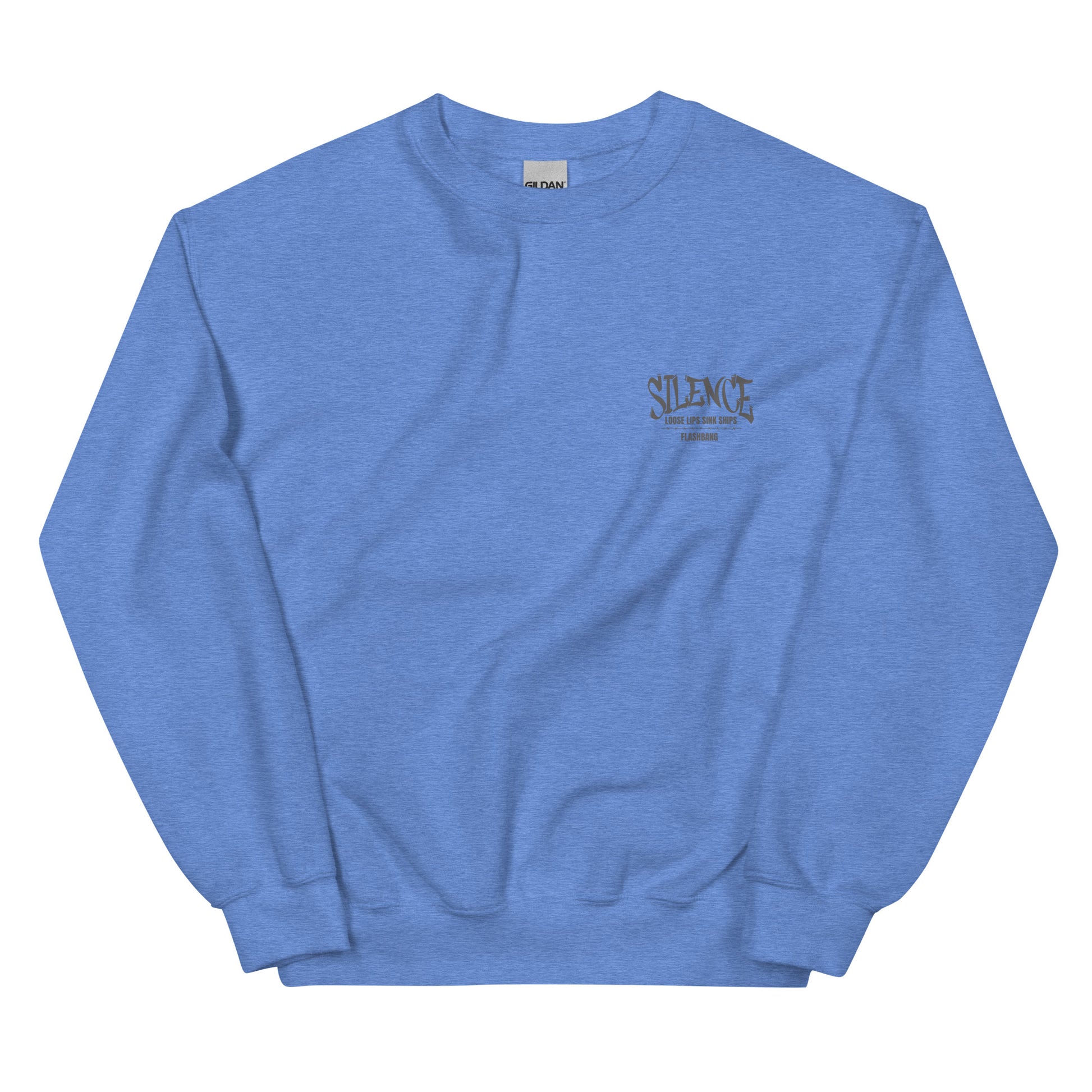 Blue sweatshirt with a small logo on the chest against a white background