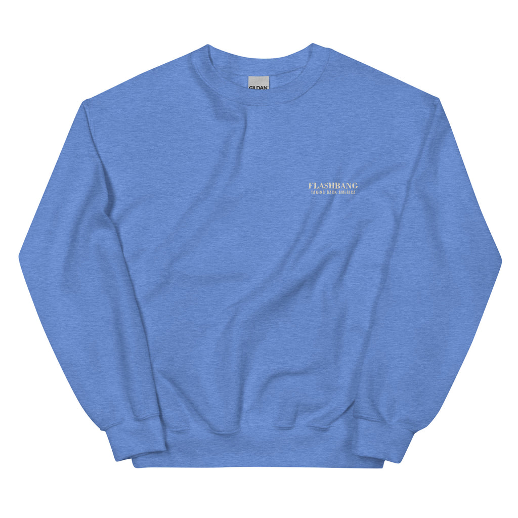 Blue sweatshirt with a brand logo on a white background
