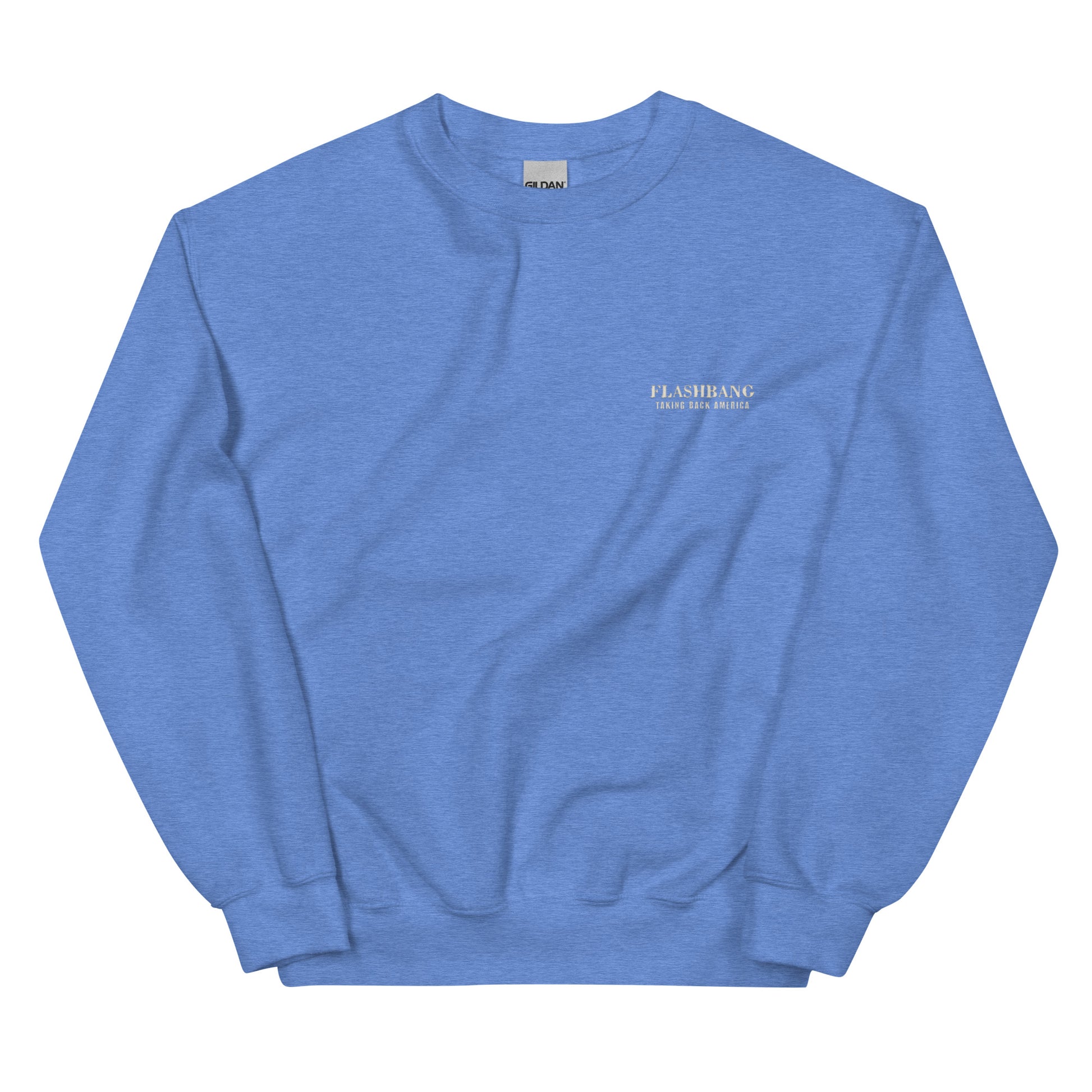 Blue sweatshirt with a brand logo on a white background