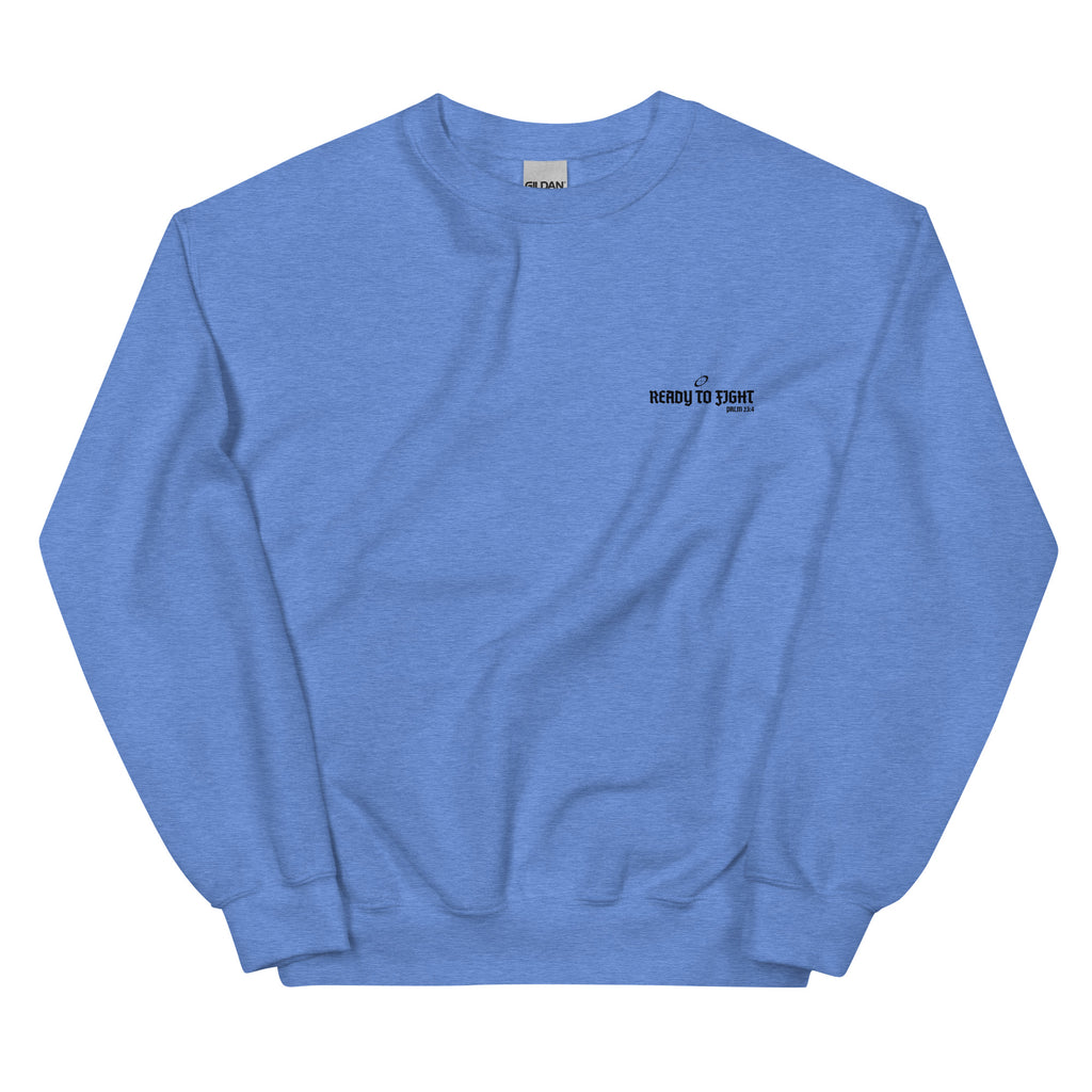 Blue sweatshirt with a logo on the chest against a white background