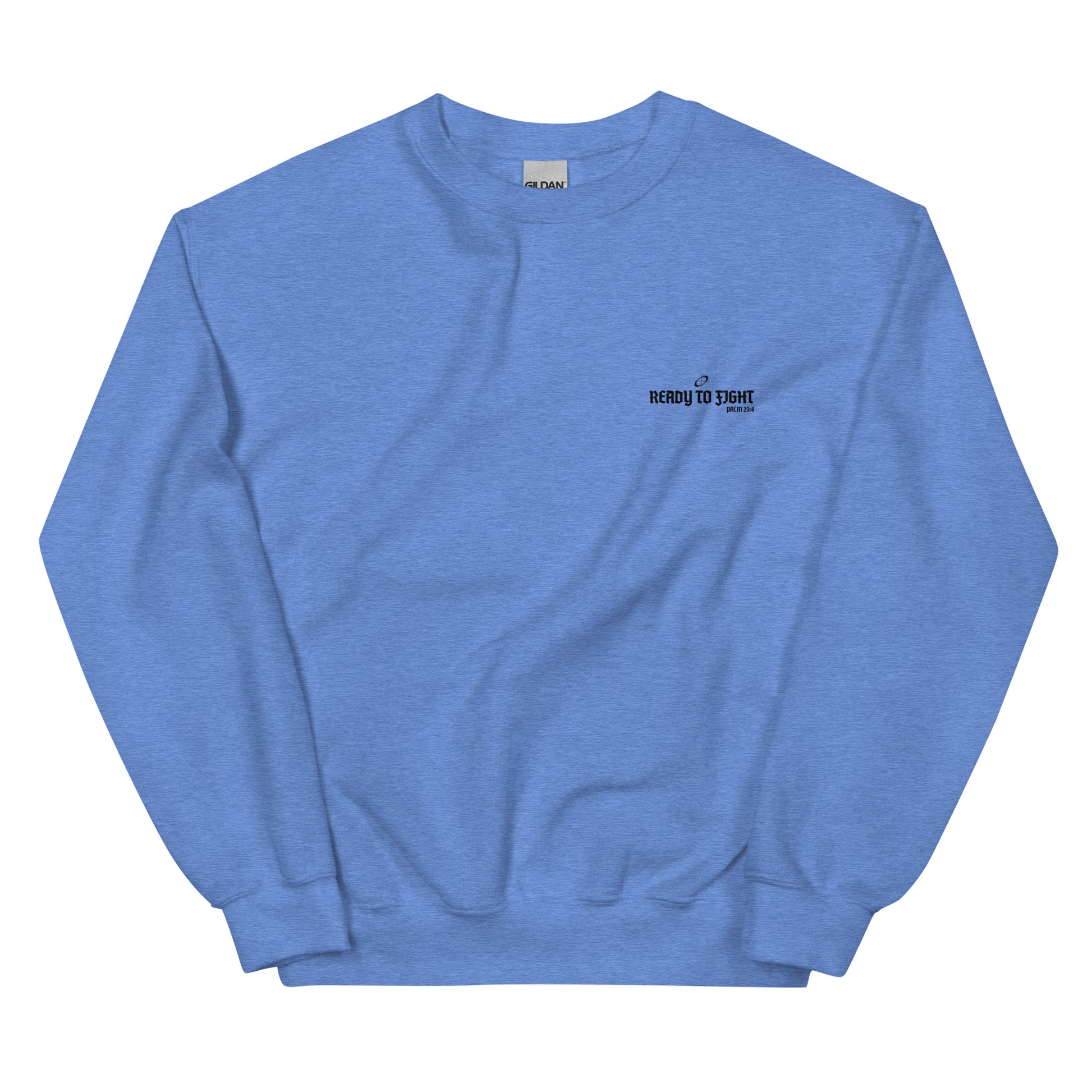 Blue sweatshirt with a logo on the chest against a white background