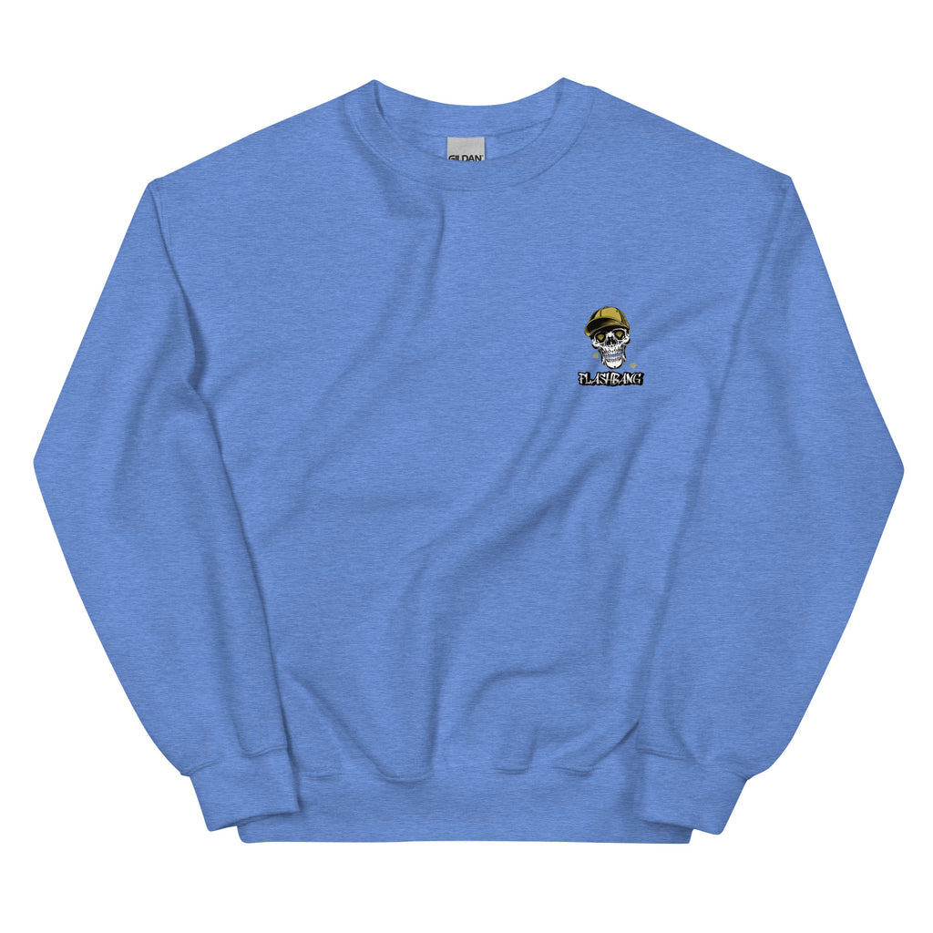 Blue sweatshirt with a small graphic on the chest against a white background