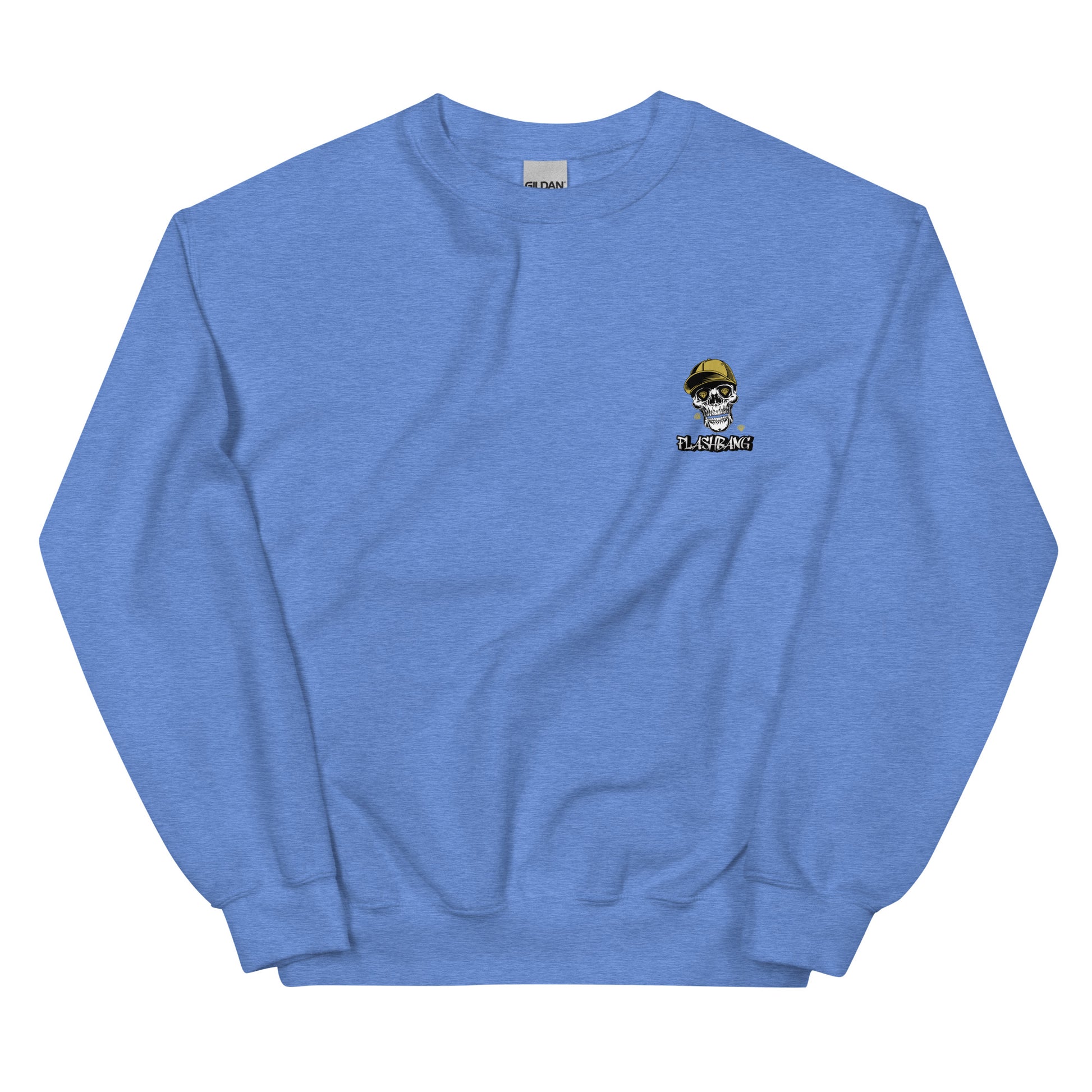Blue sweatshirt with a small graphic on the chest against a white background