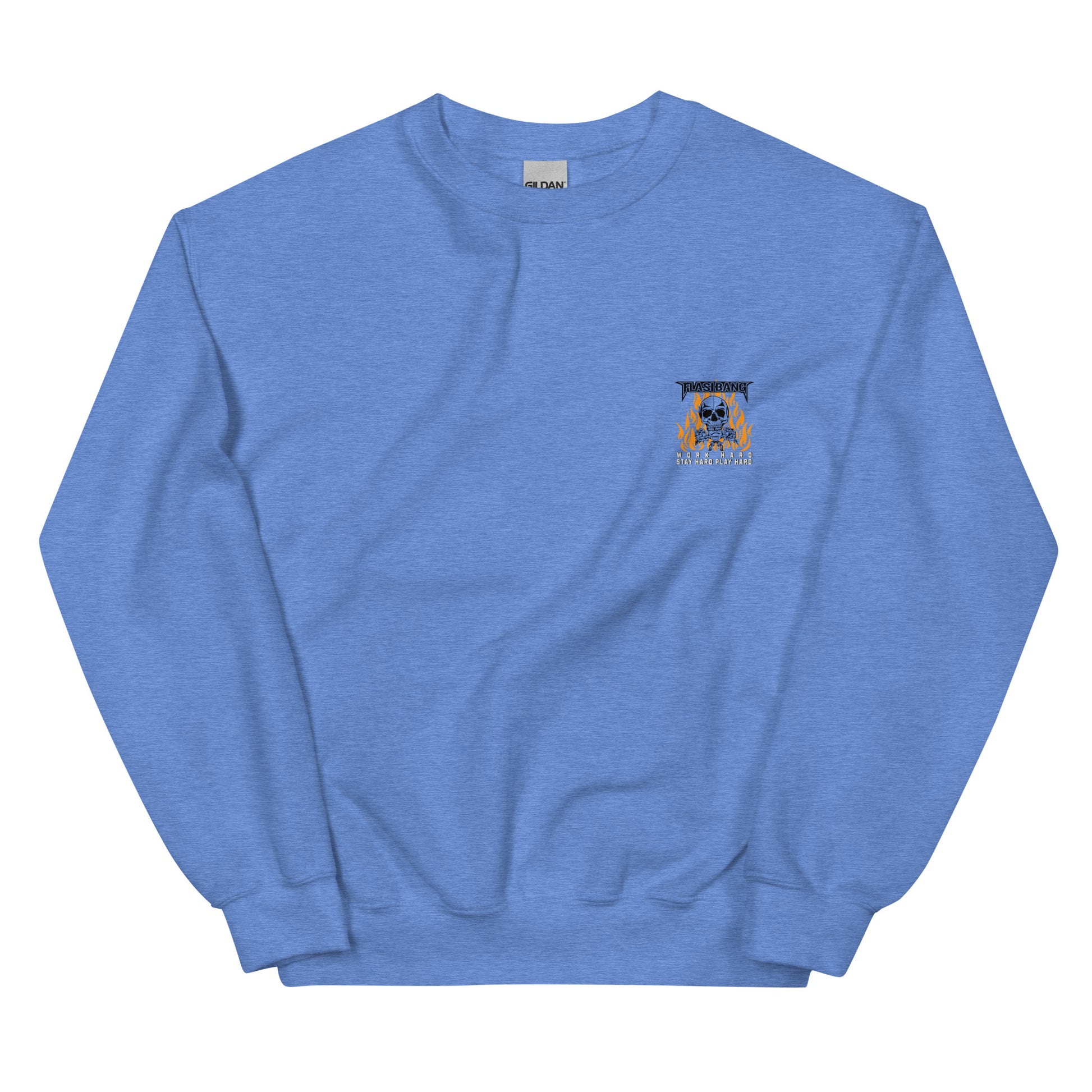 Blue sweatshirt with a small logo on the chest against a white background