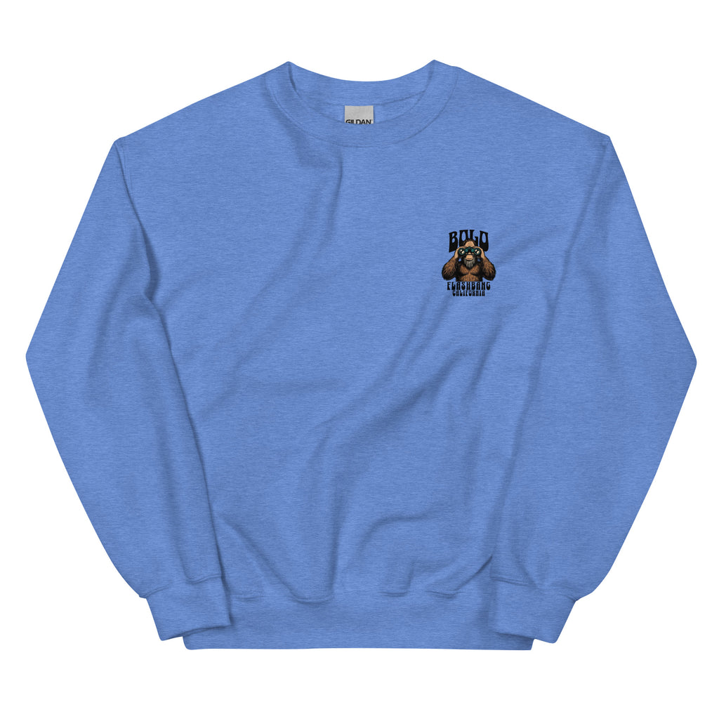 Blue sweatshirt with a logo on the chest against a white background
