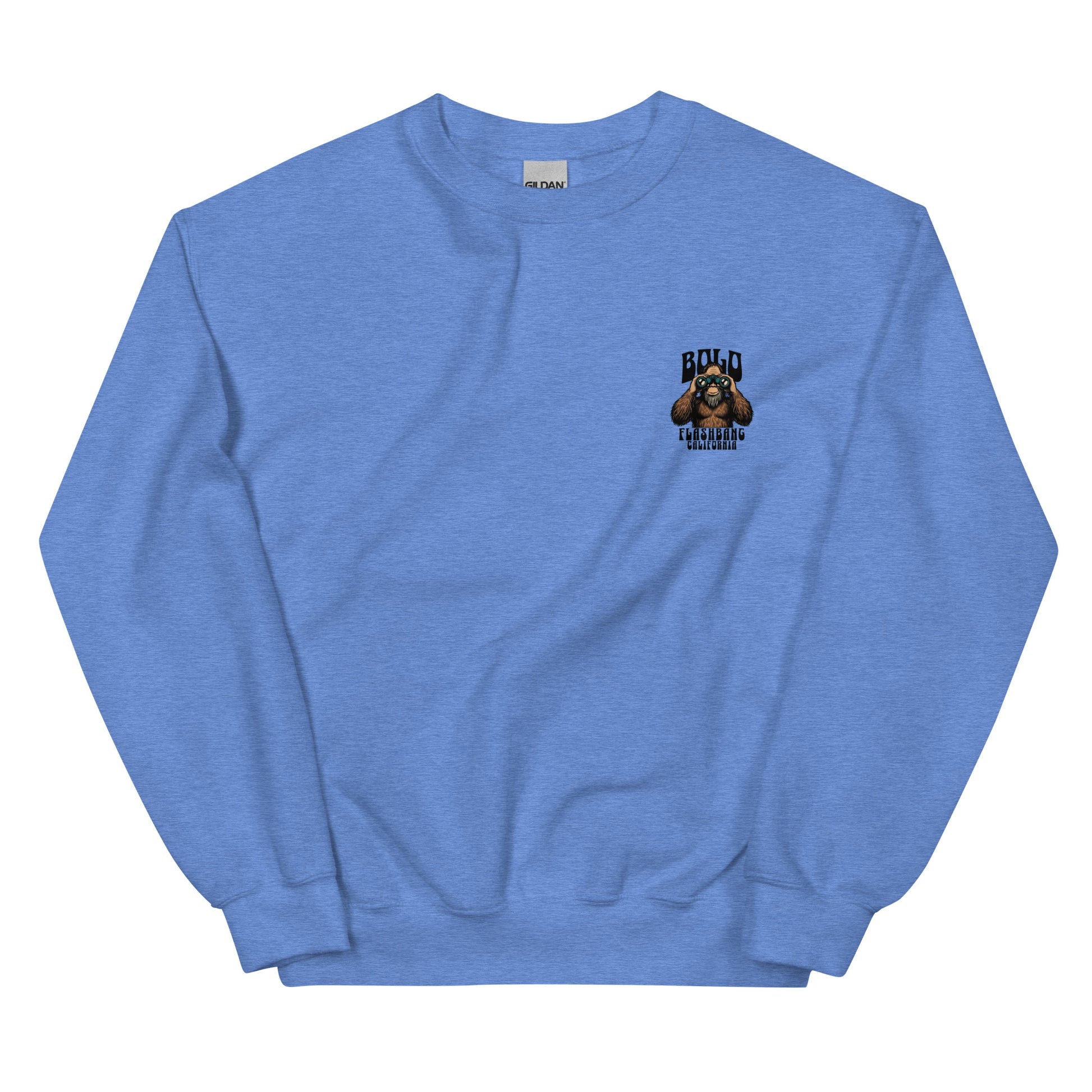 Blue sweatshirt with a logo on the chest against a white background