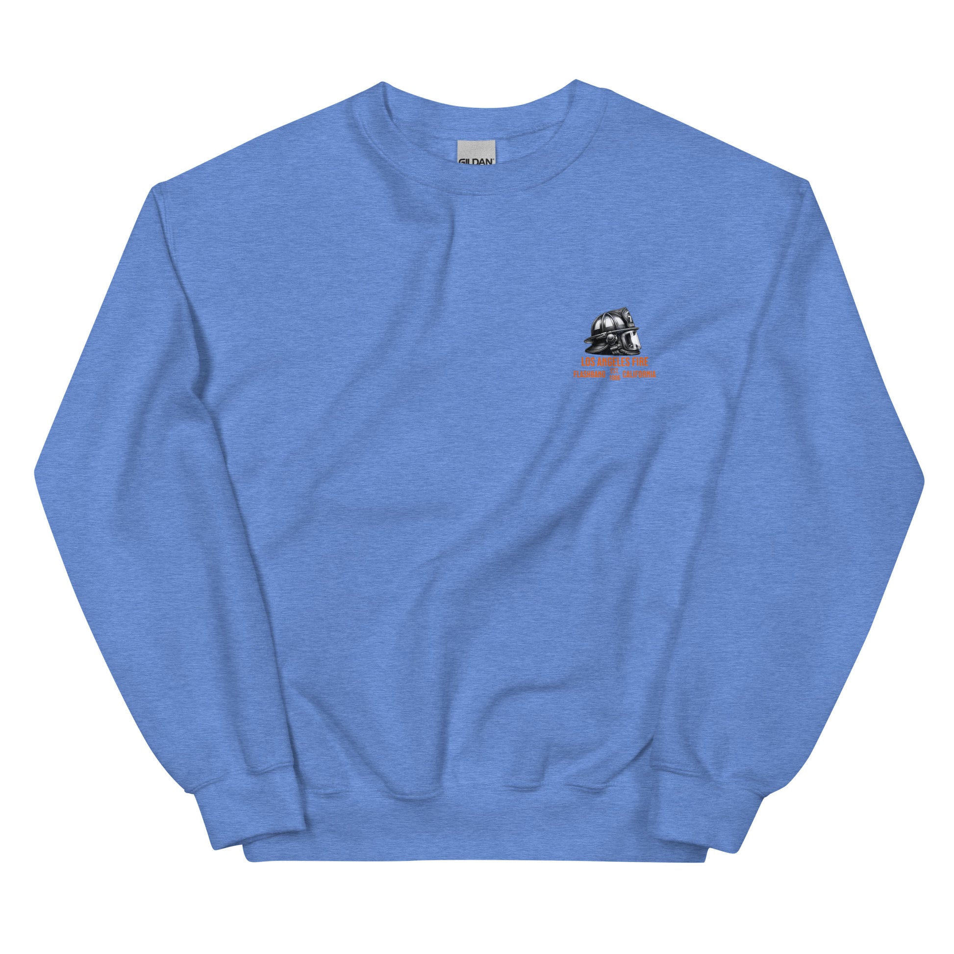 Blue sweatshirt with a small logo on the chest against a white background