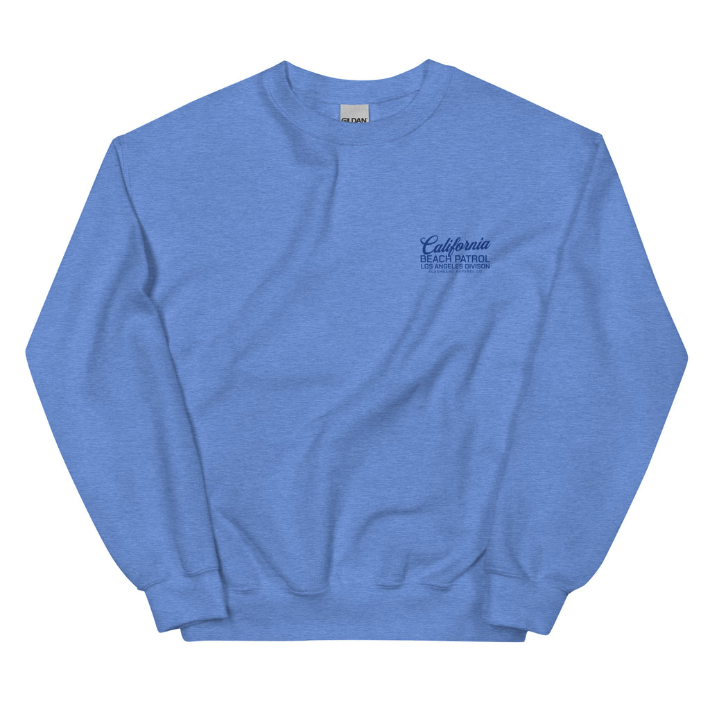 Blue sweatshirt with a logo on the chest against a white background