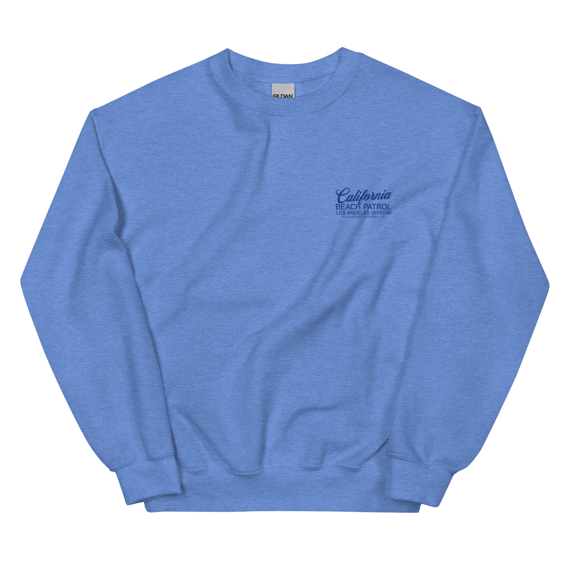 Blue sweatshirt with a logo on the chest against a white background