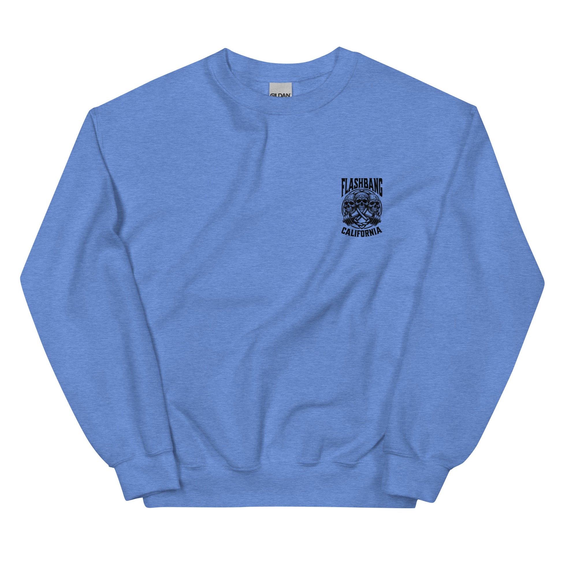 Blue sweatshirt with a logo on the chest against a white background