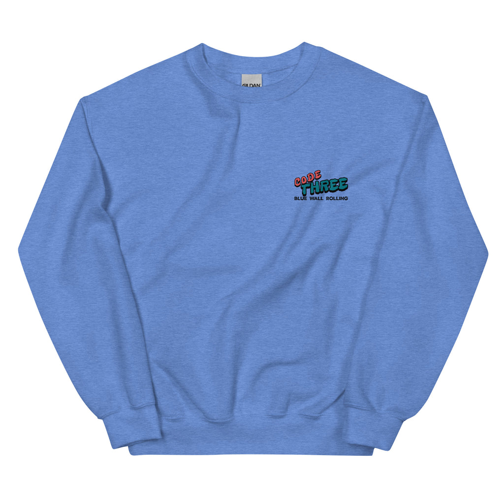 Blue sweatshirt with a logo on the chest against a white background