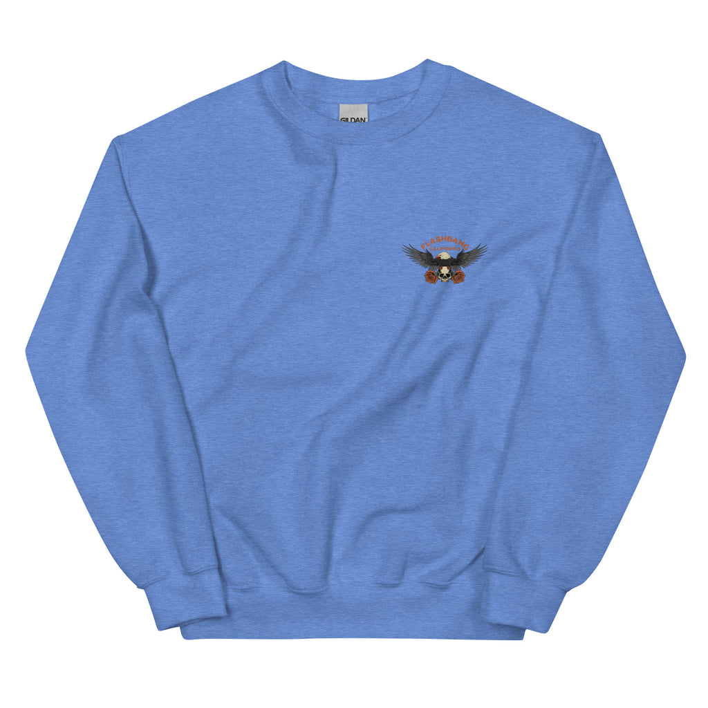 Blue sweatshirt with a small logo on the chest against a white background