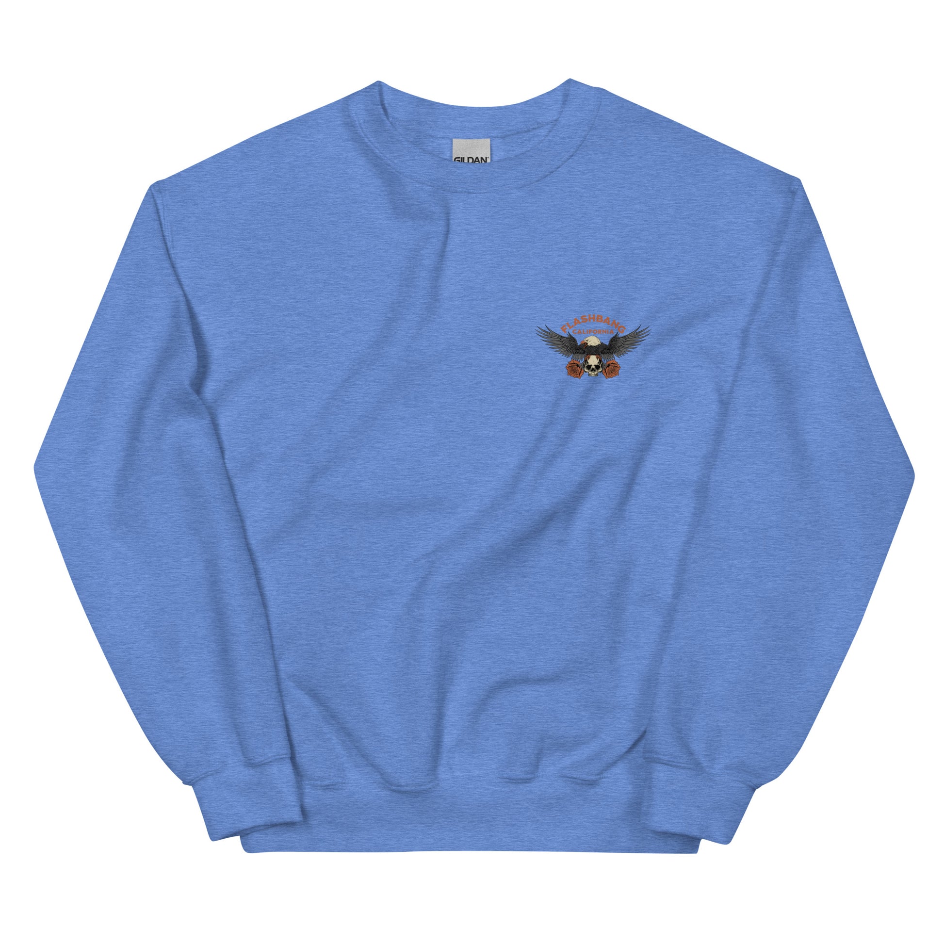Blue sweatshirt with a small logo on the chest against a white background