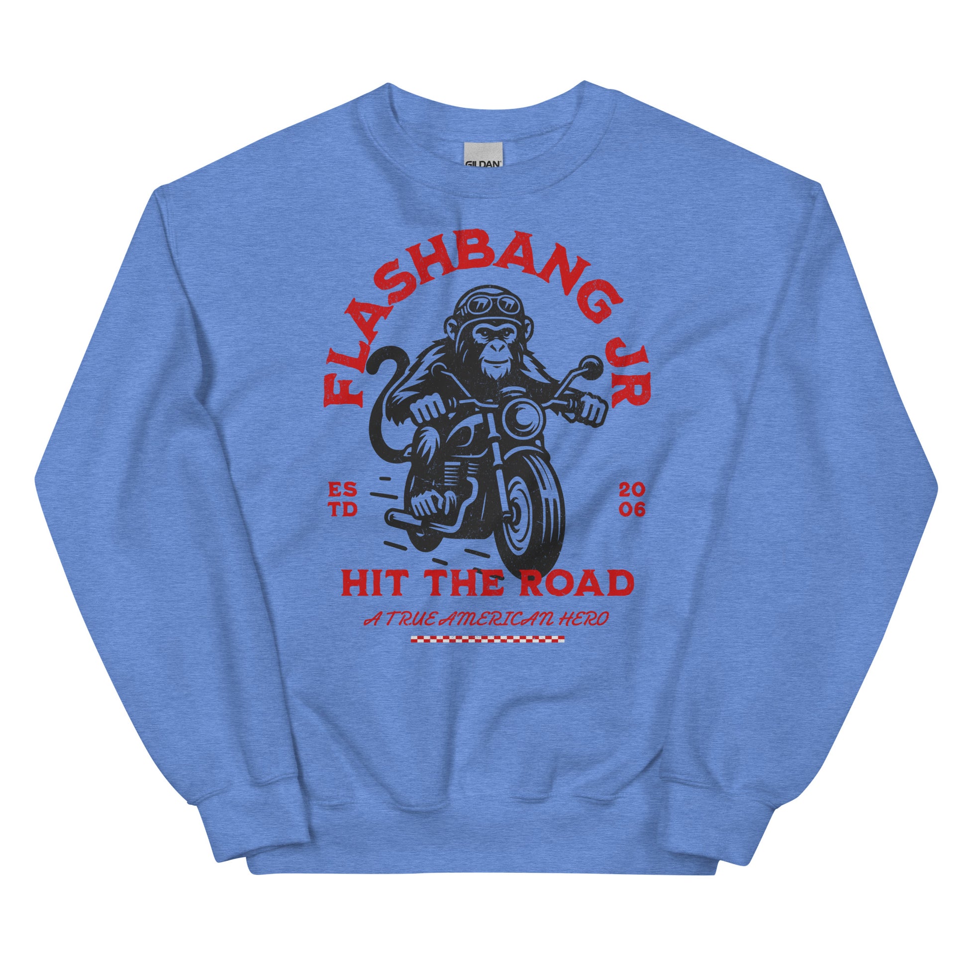 Blue sweatshirt with a graphic of a monkey on a motorcycle and text 'Flashbang Jr. Hit the Road'.