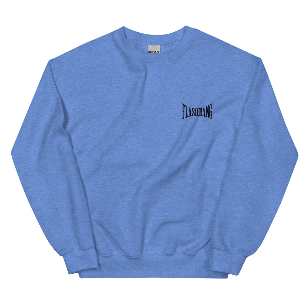 Blue sweatshirt with 'FLASHBANG' logo on a white background