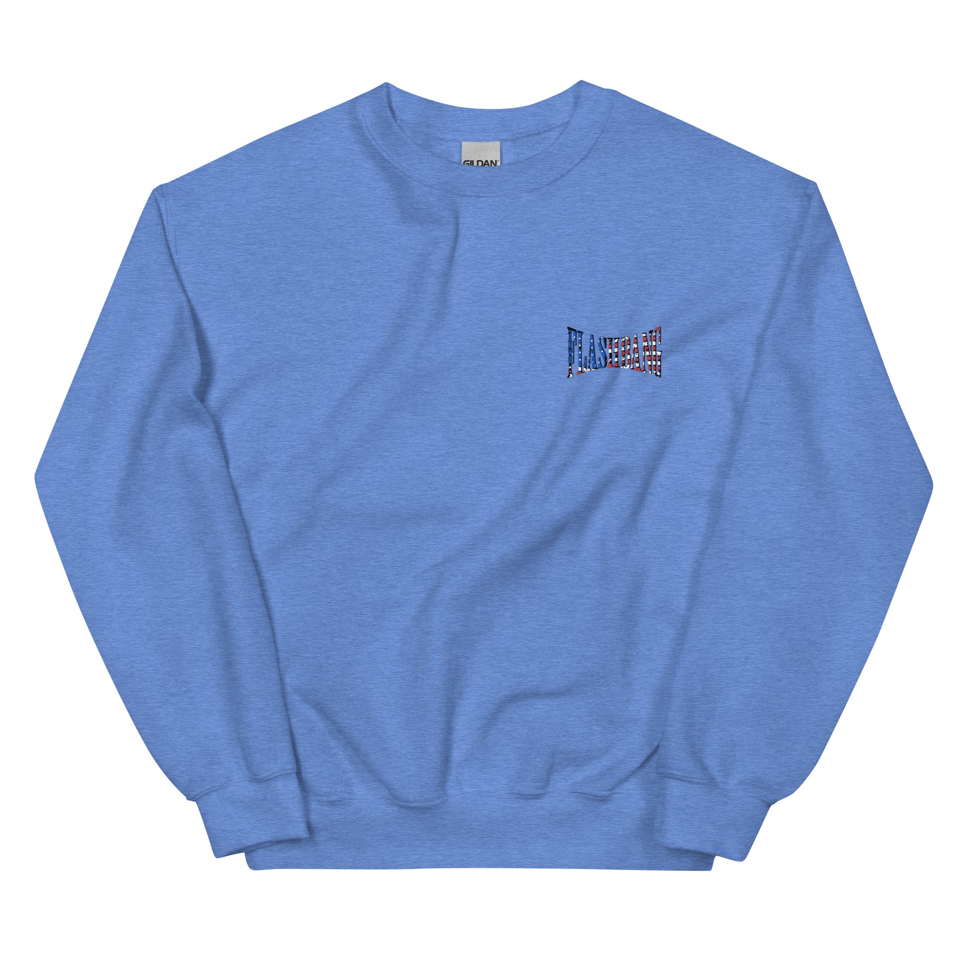 Blue sweatshirt with a small logo on the chest against a white background