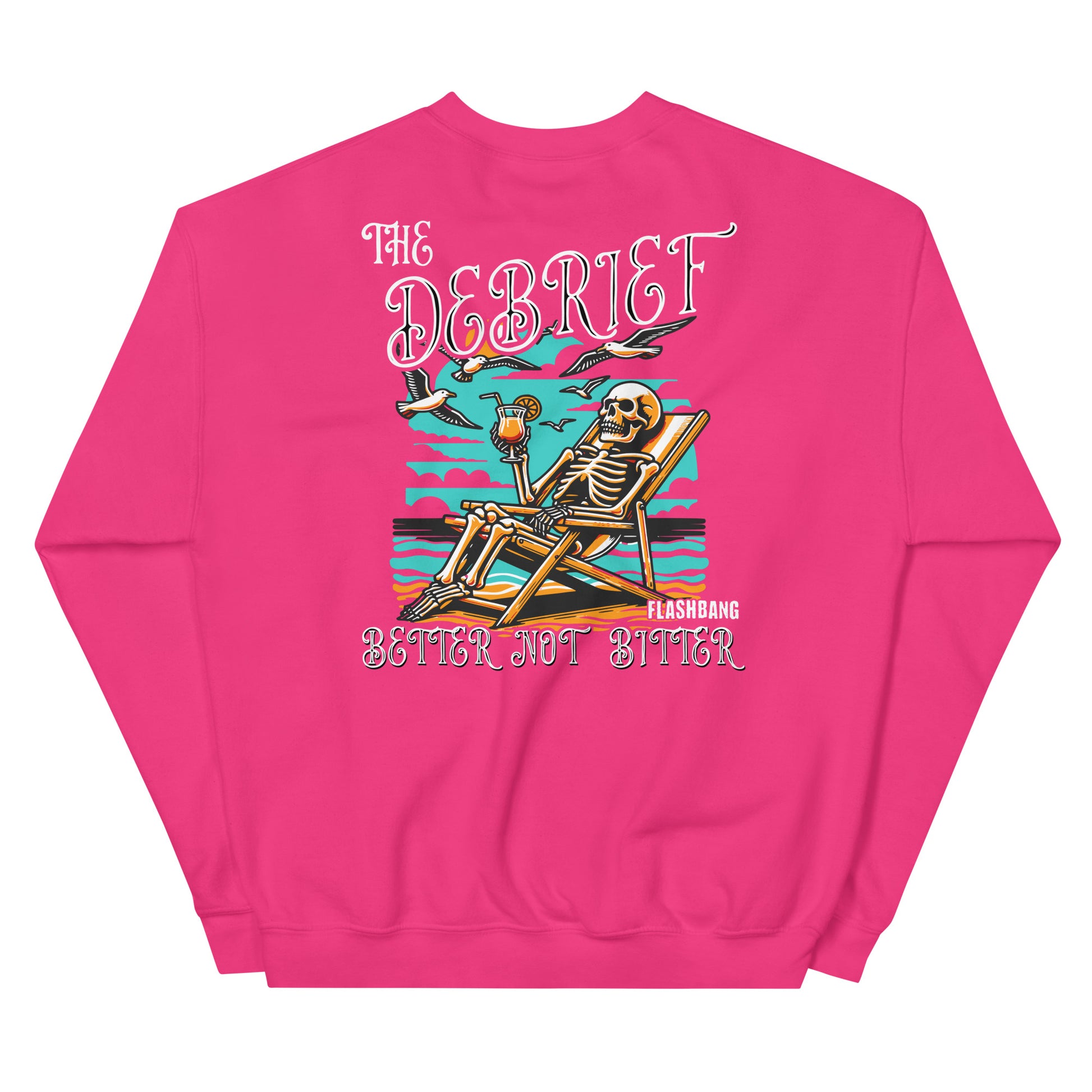 Pink sweatshirt with a skeleton design and text on the back, on a white background
