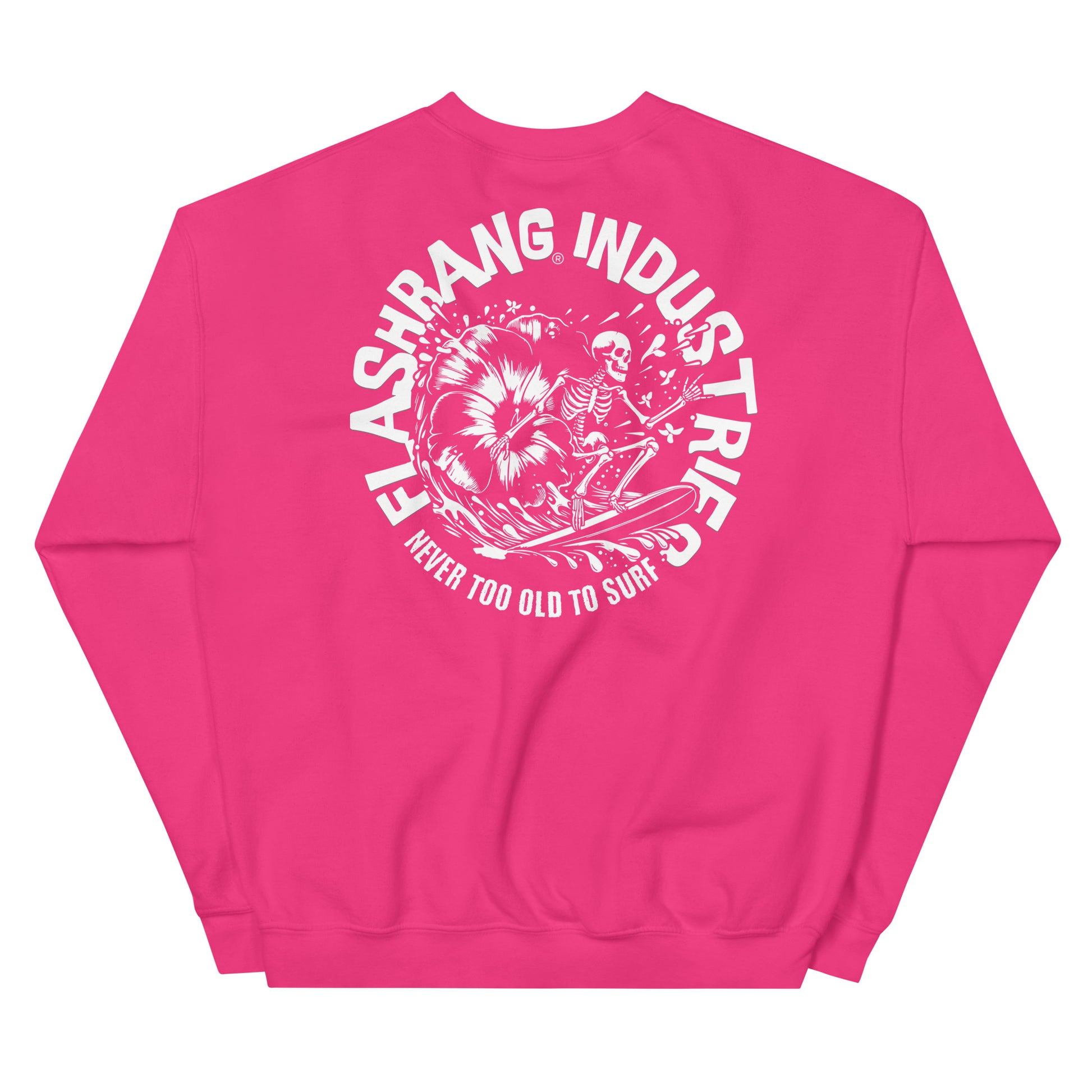 Pink sweatshirt with white graphic and text on a white background