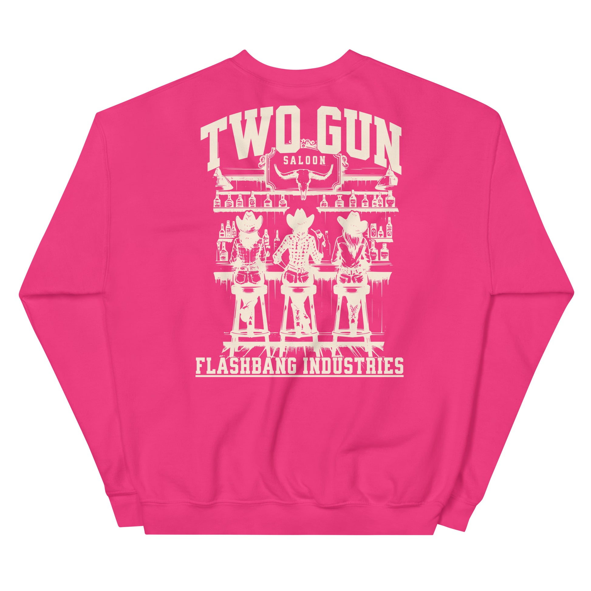 Pink sweatshirt with white graphic design on a white background