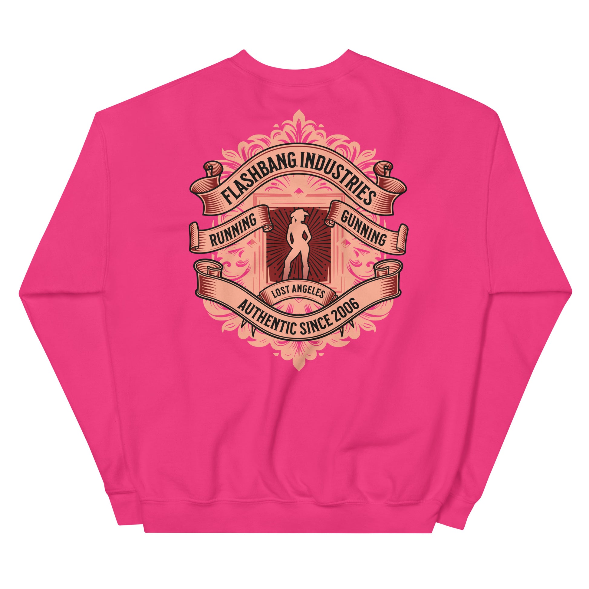 Pink sweatshirt with a graphic design on the back on a white background
