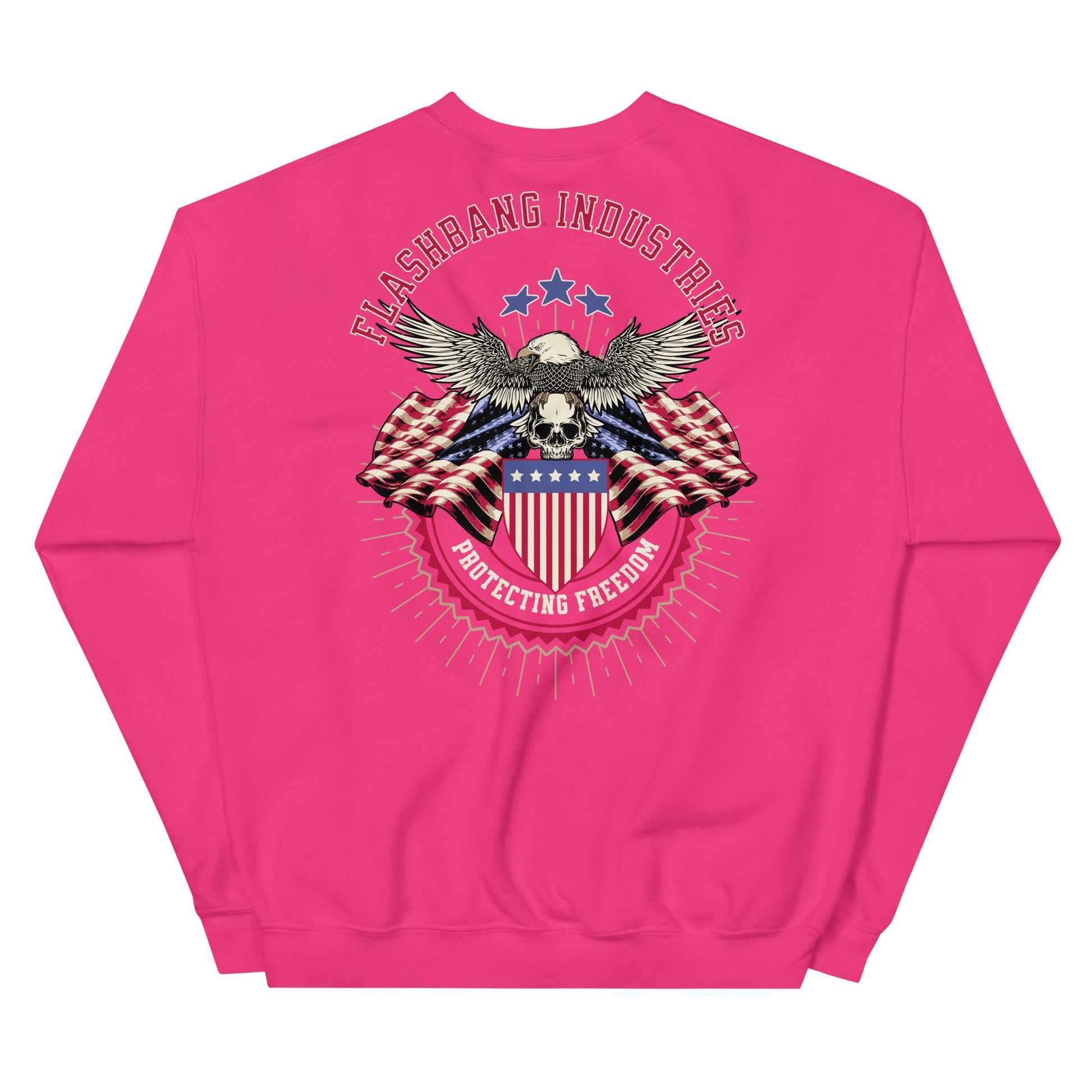 Pink sweatshirt with an eagle and American flag design on the back, on a white background.
