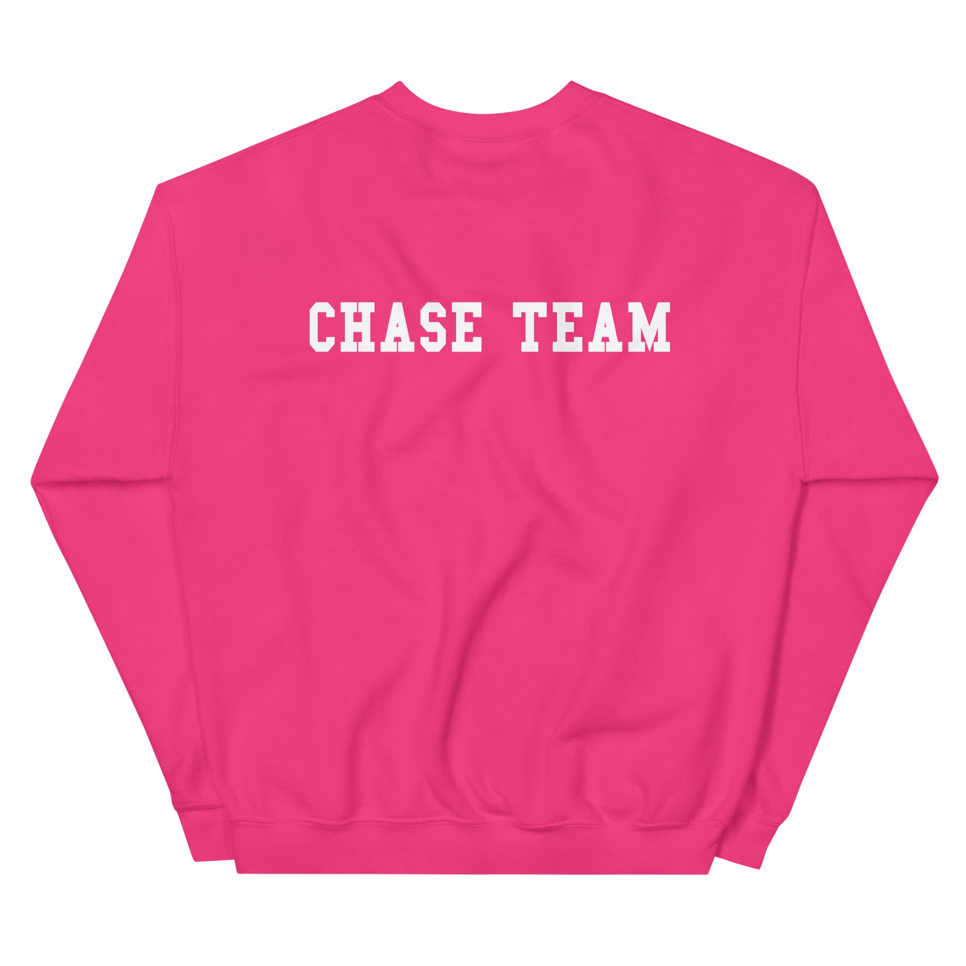 Pink sweatshirt with 'CHASE TEAM' text on the back against a white background
