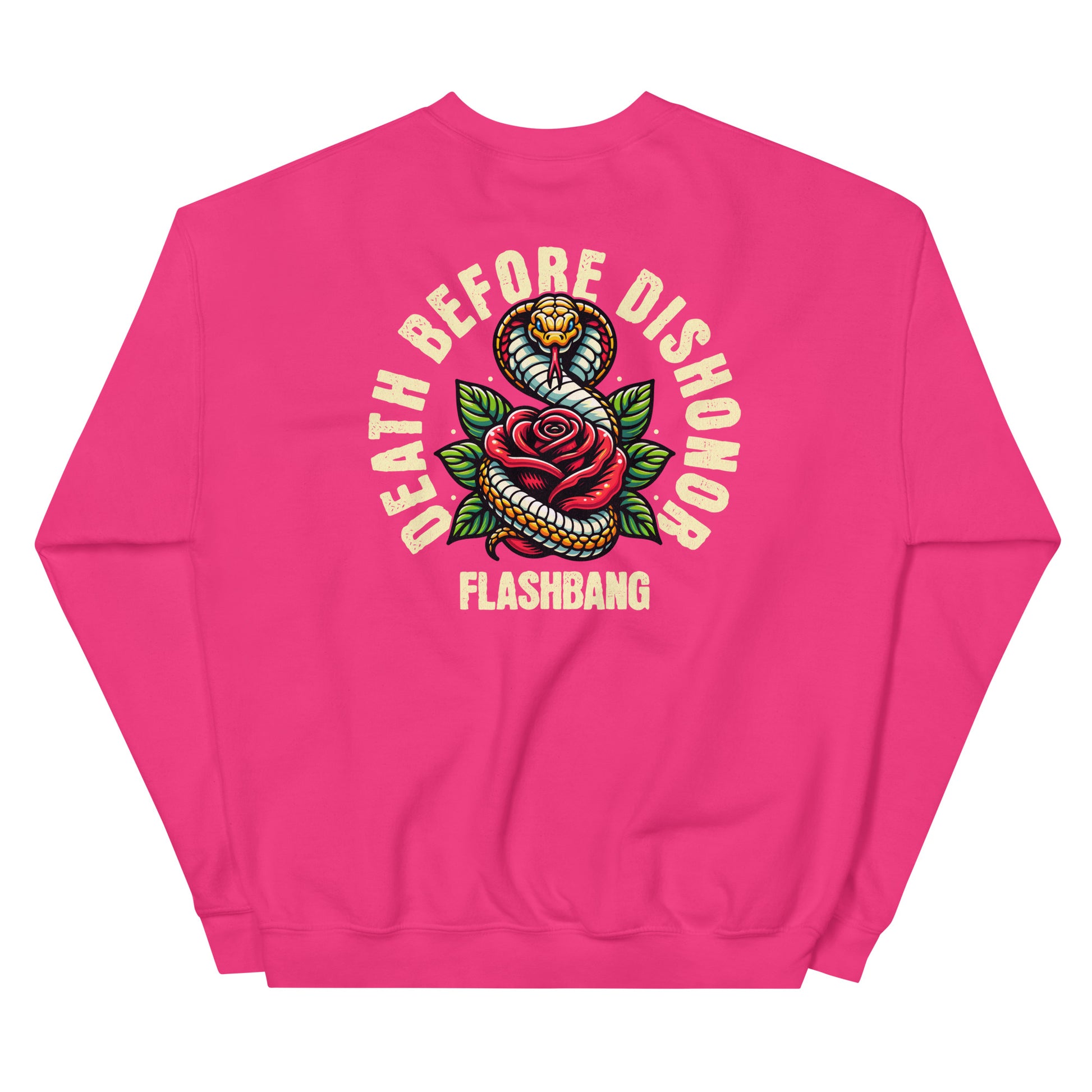 Pink sweatshirt with snake and rose design and text on a white background