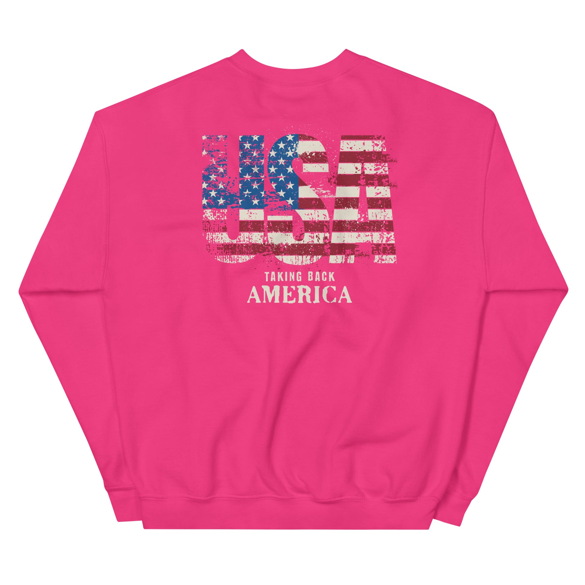 Pink sweatshirt with American flag design and text on a white background