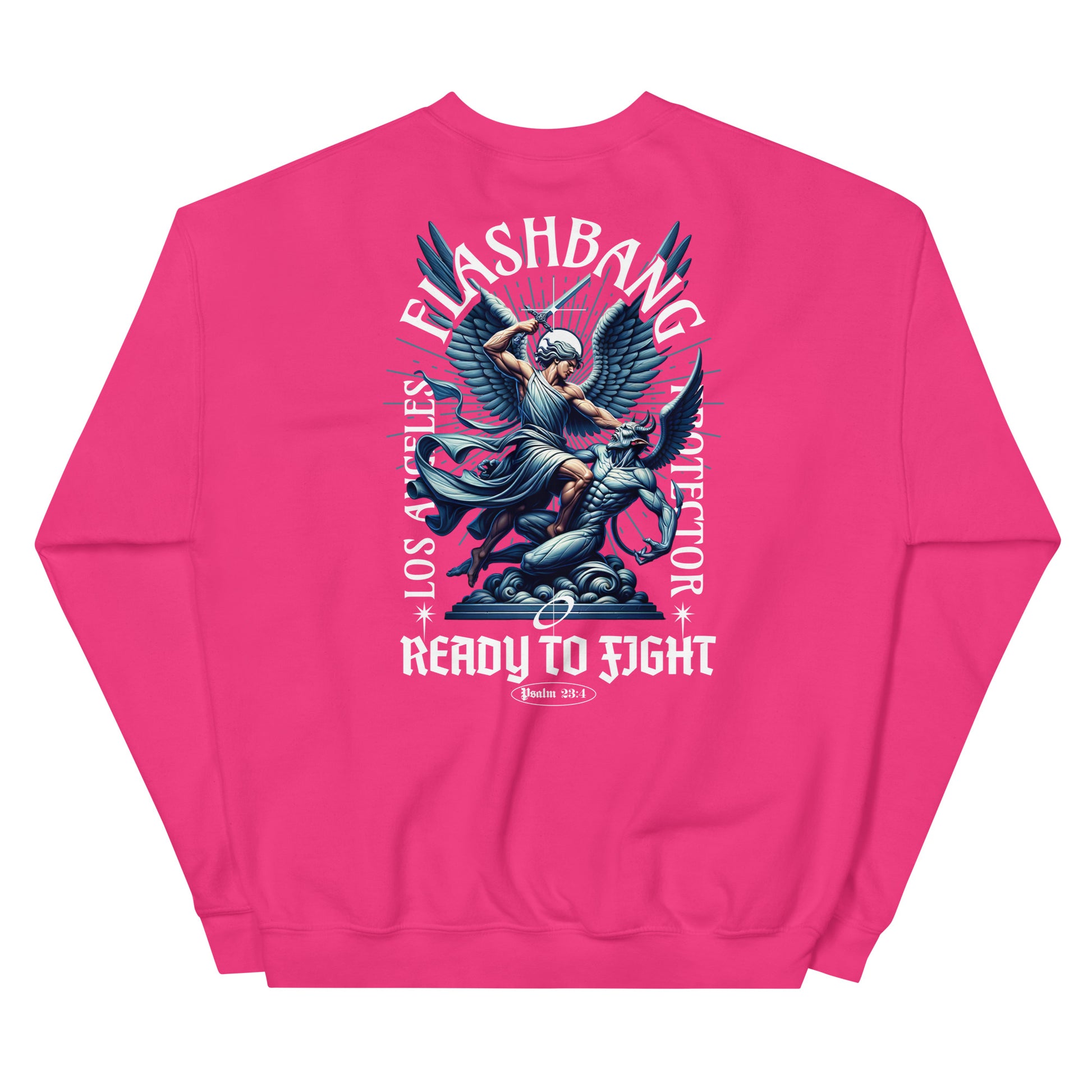 Pink sweatshirt with graphic design and text on a white background