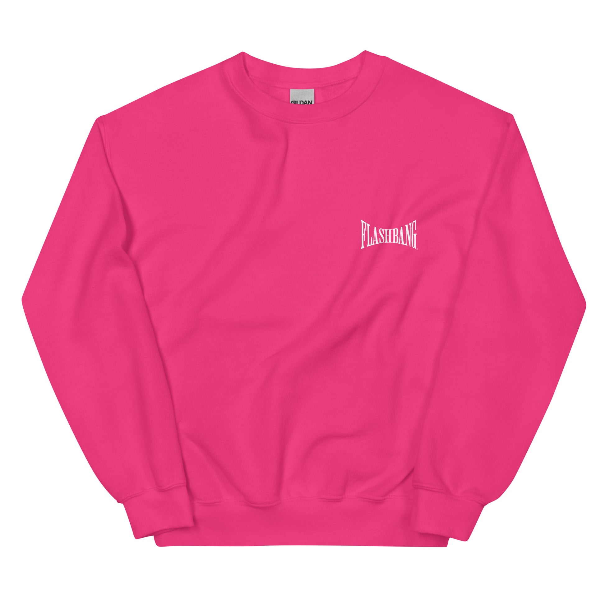 Pink sweatshirt with 'FLASHING' text on a white background