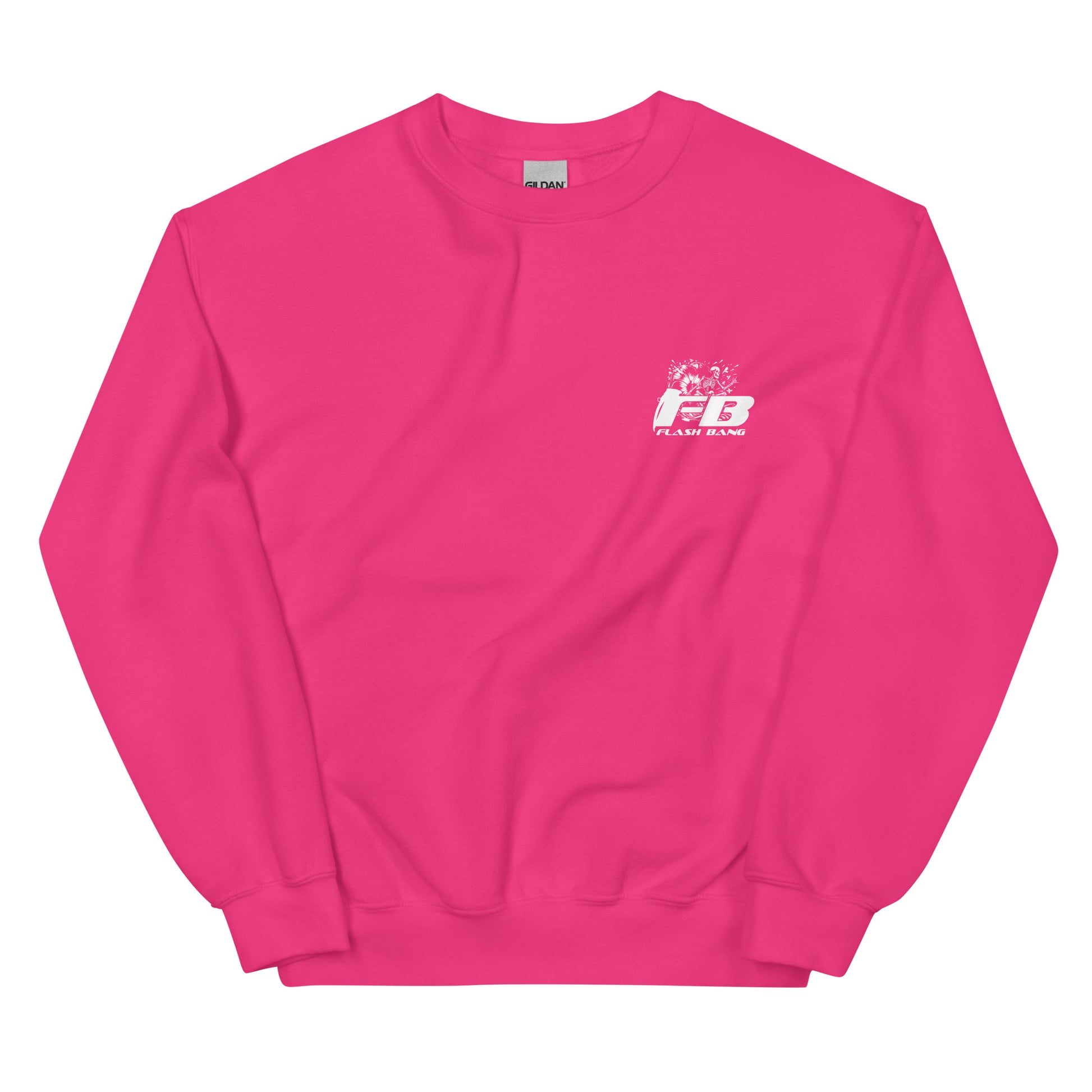Pink sweatshirt with a logo on the chest against a white background