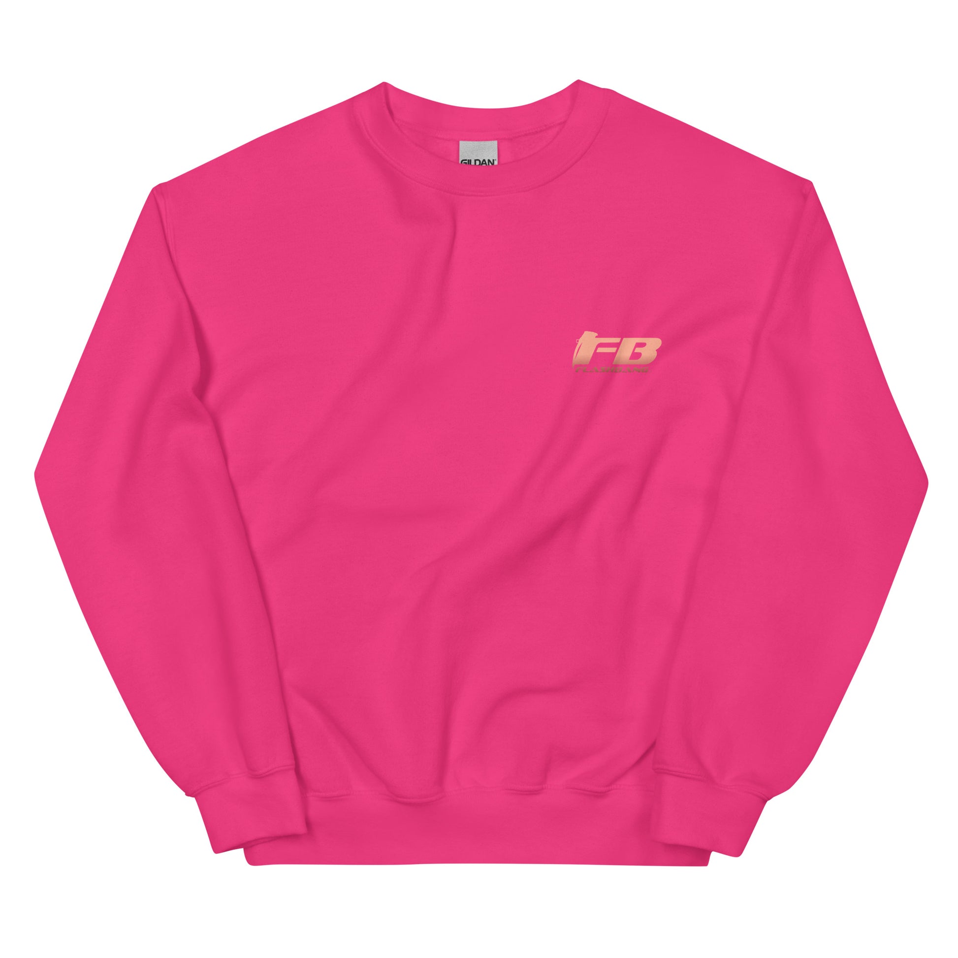 Pink sweatshirt with a logo on the chest against a white background