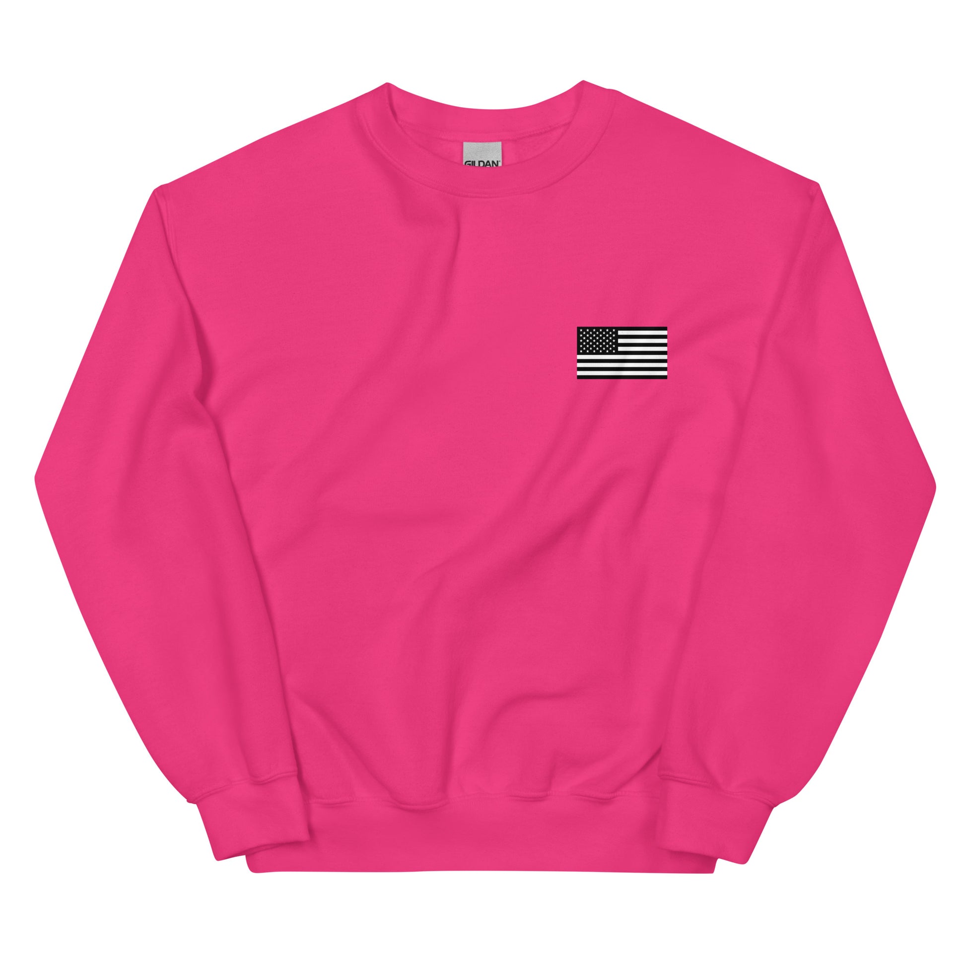 Pink sweatshirt with a small American flag patch on a white background