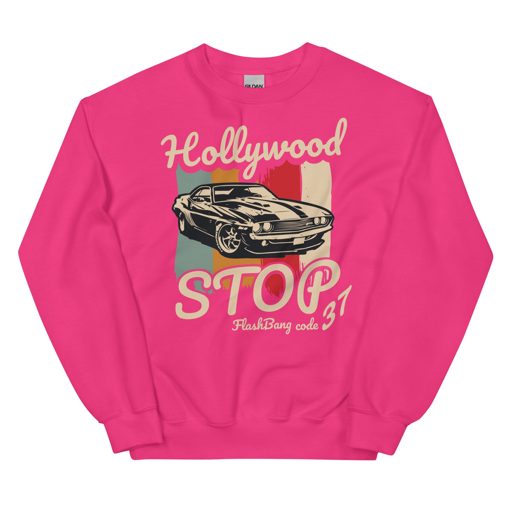 Pink sweatshirt with car graphic and text on a white background
