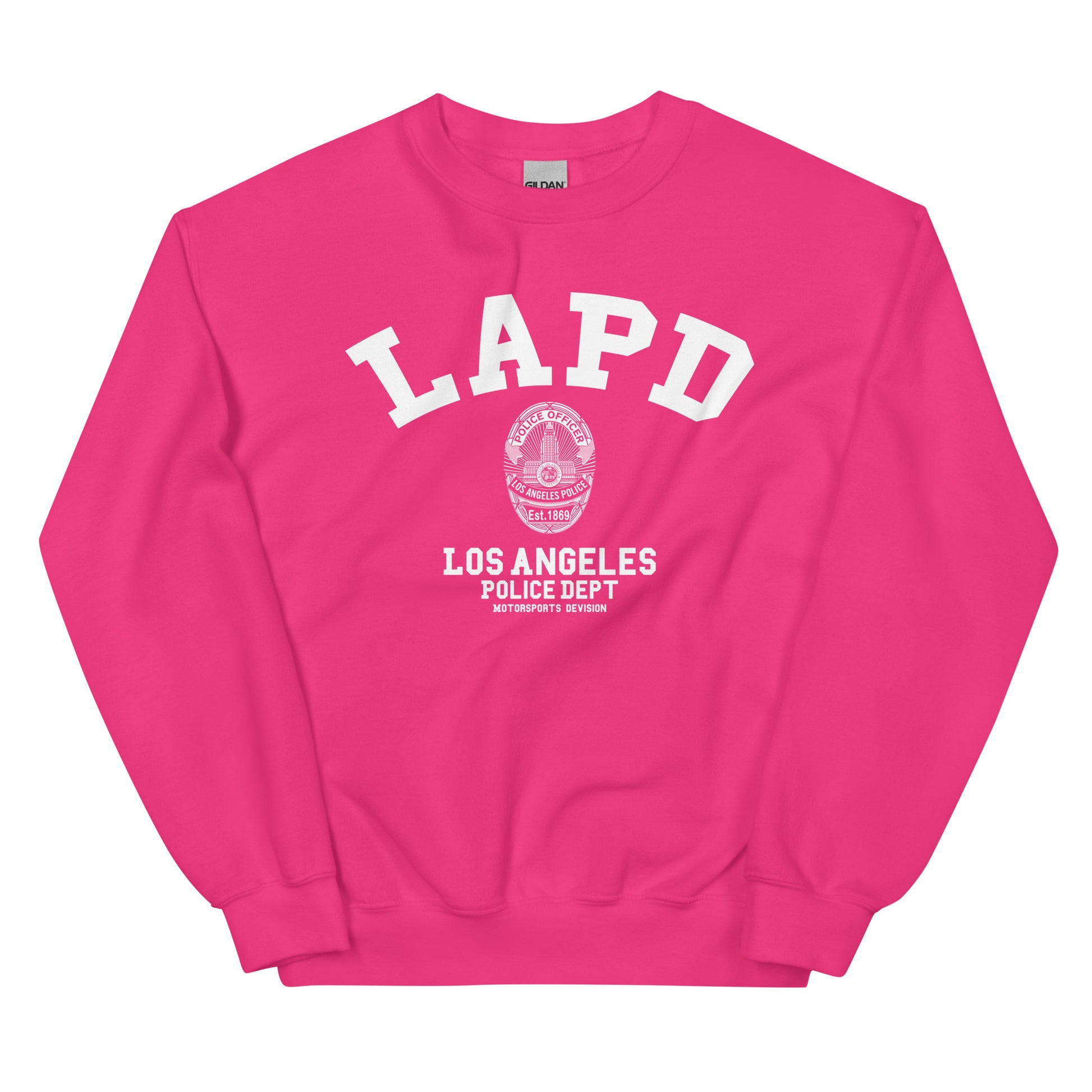 Pink sweatshirt with LAPD Los Angeles Police Dept logo on a white background