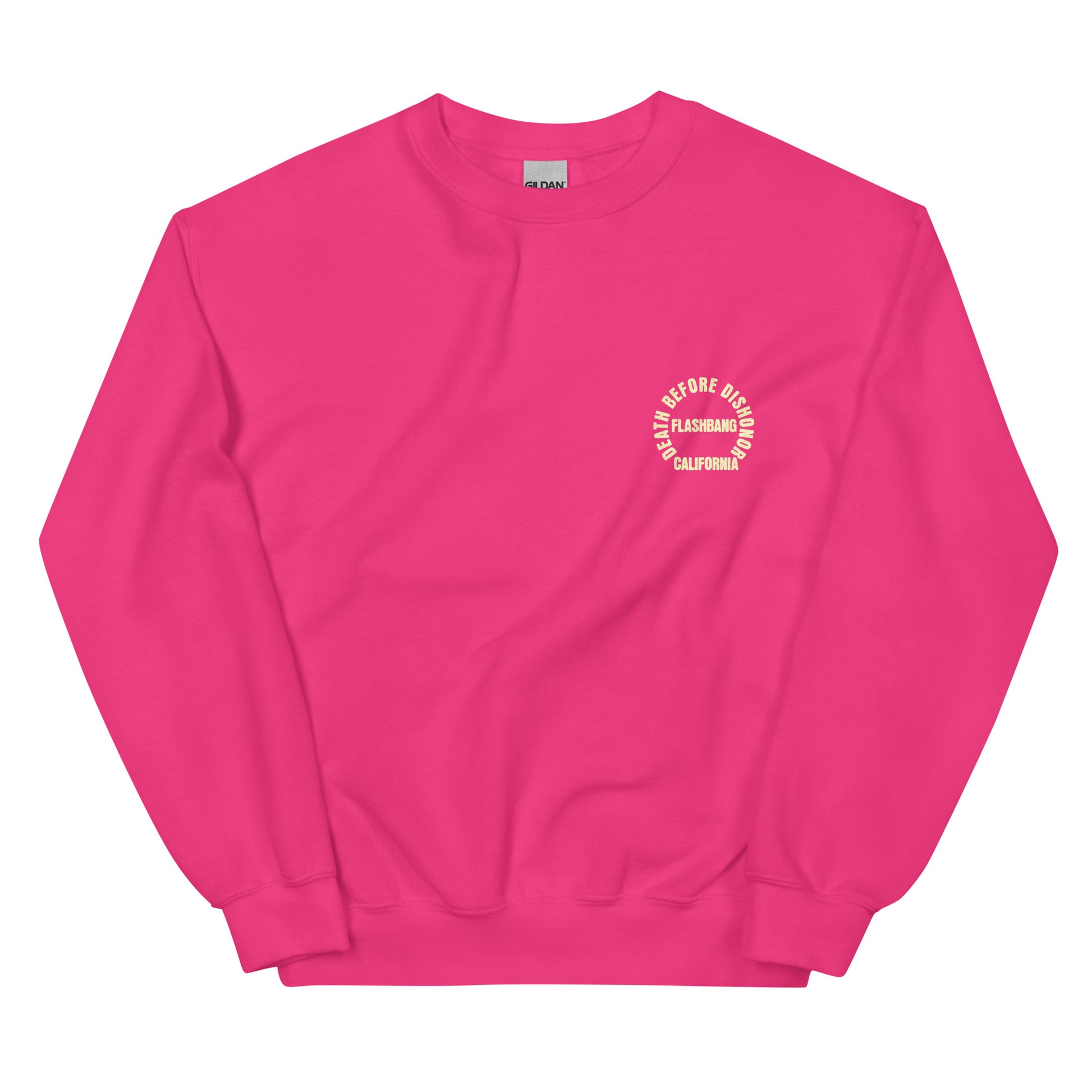 Pink sweatshirt with a white logo on a white background