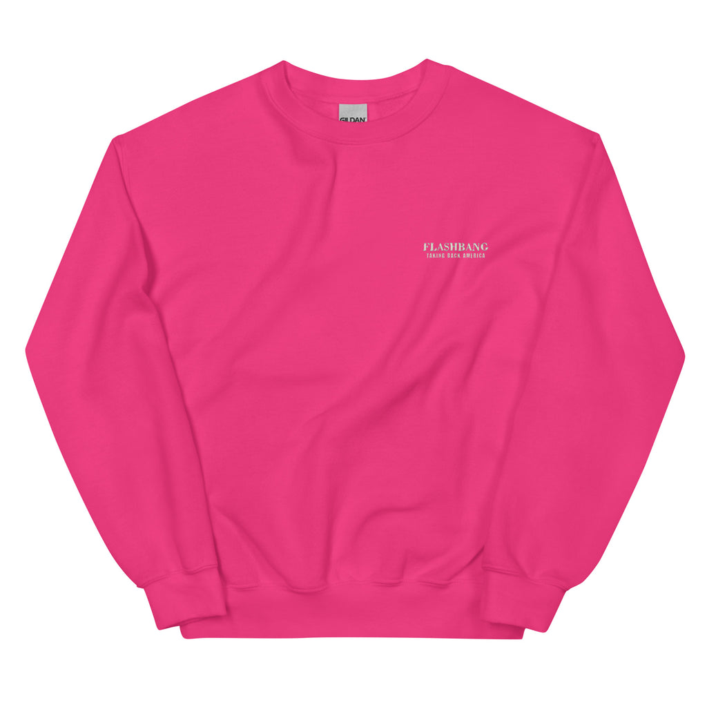 Pink sweatshirt with a small white logo on a white background