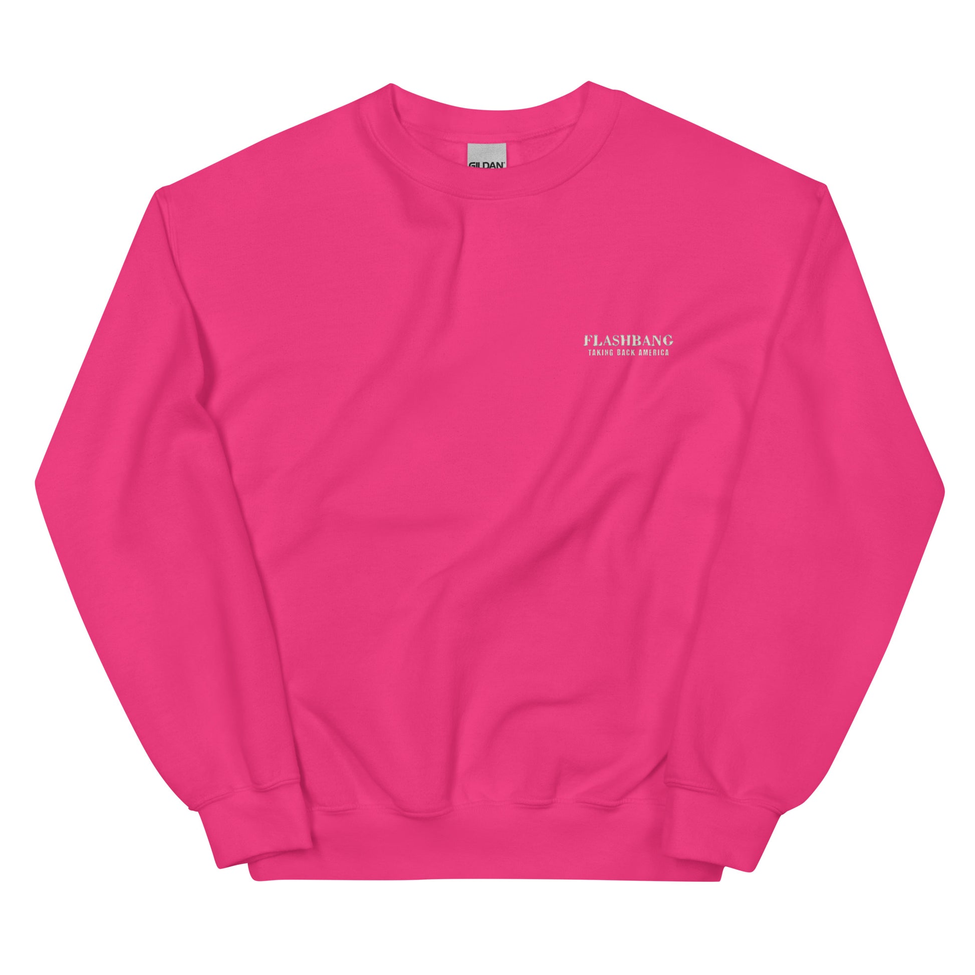 Pink sweatshirt with a small white logo on a white background