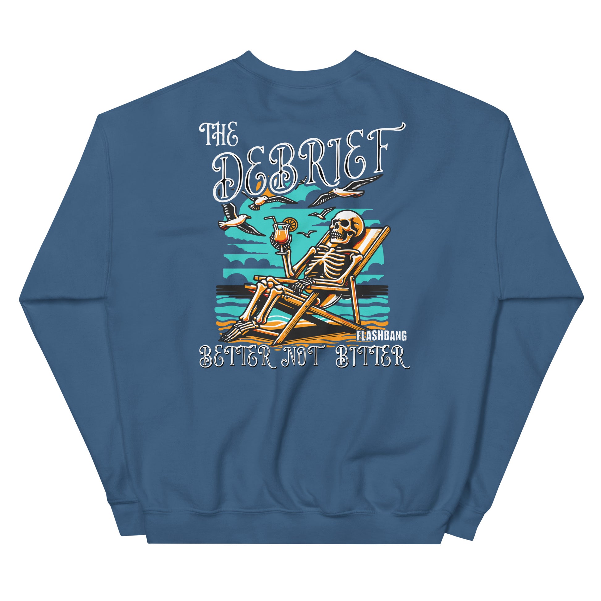 Blue sweatshirt with a skeleton design and text on the back