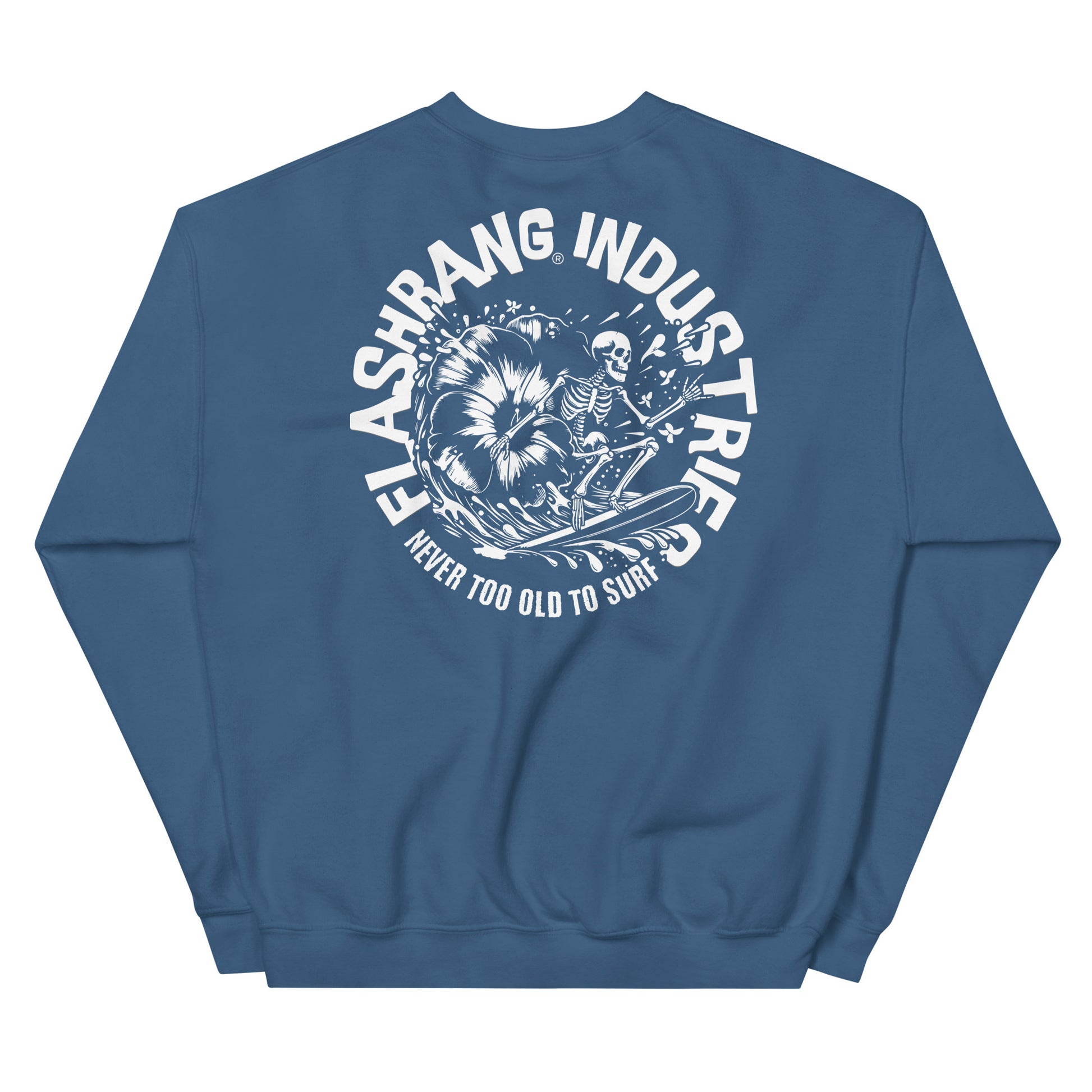 Blue sweatshirt with a graphic design and text on the back against a white background