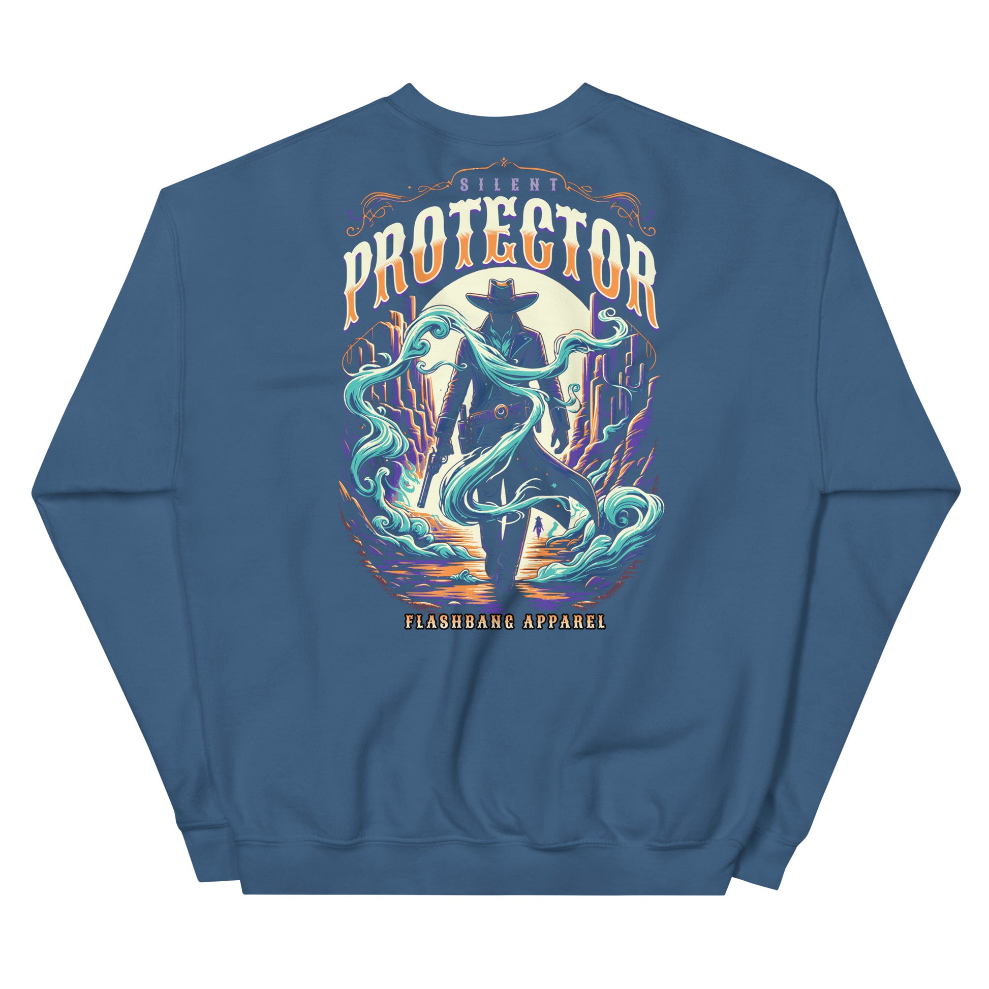 Blue sweatshirt with a colorful graphic design on the back, featuring the word 'PROTECTOR' and a silhouette of a person on horseback.