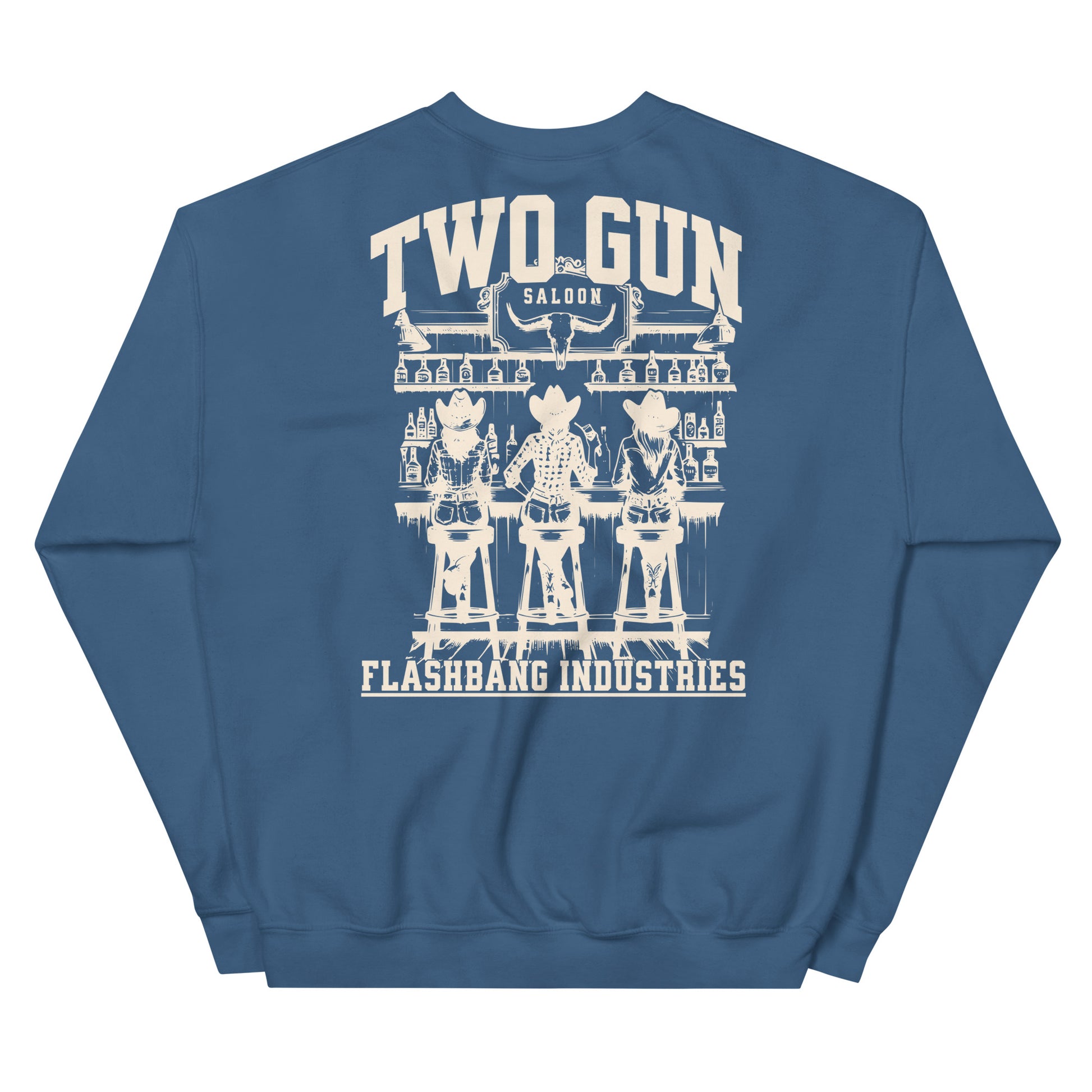 Blue sweatshirt with 'Two Gun' and 'Flashbang Industries' design on the back against a white background